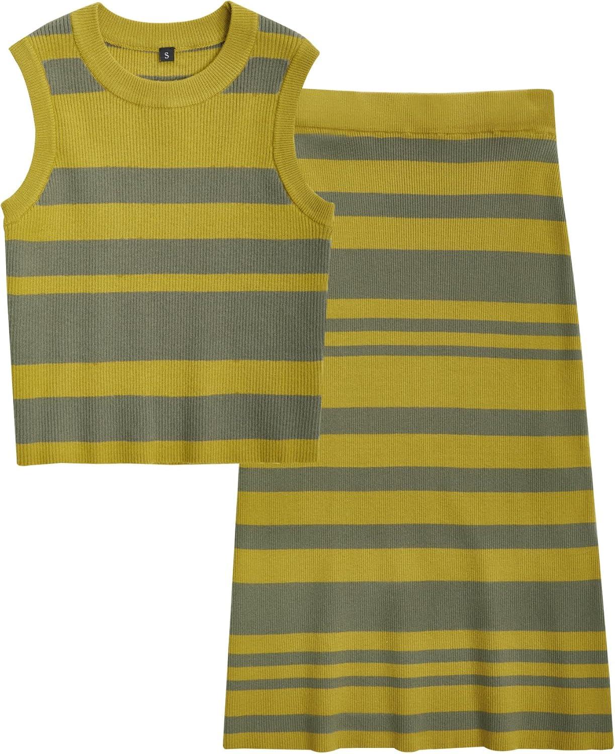 imageArachampampCloz Womens Non See Through 2 Piece Sets Early Fall Tank Top and Midi Skirt Knit OutfitsDark Yellowgreen