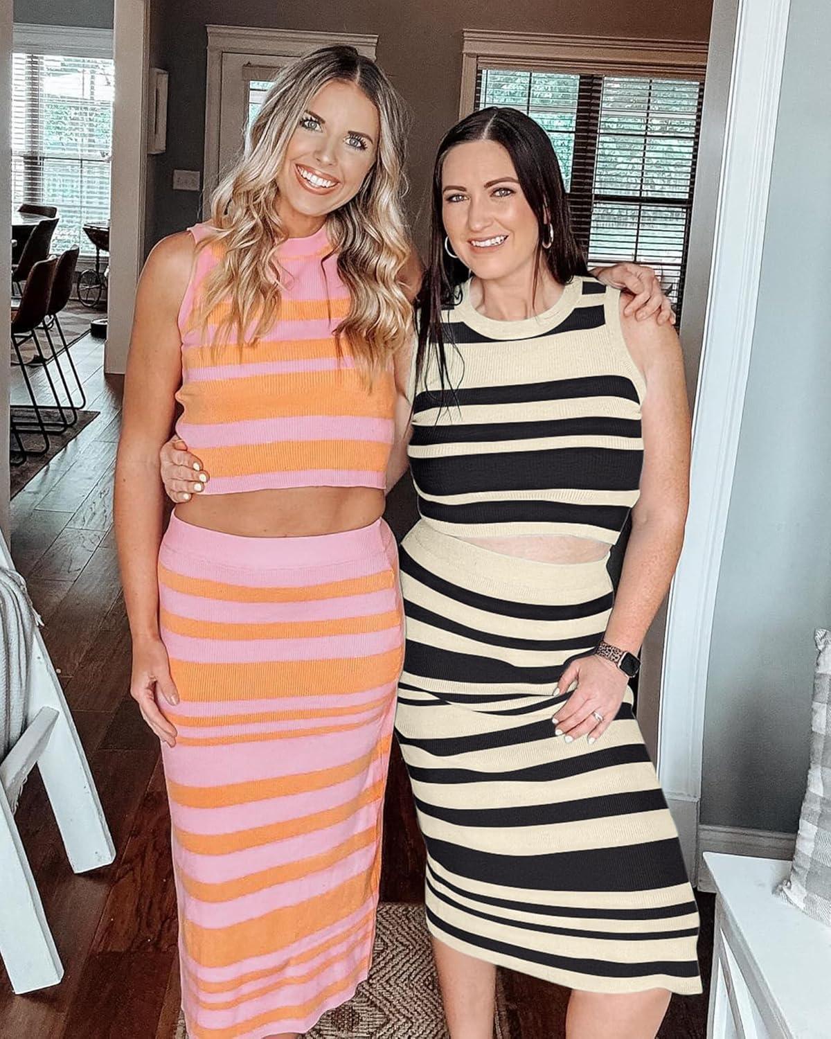 imageArachampampCloz Womens Non See Through 2 Piece Sets Early Fall Tank Top and Midi Skirt Knit OutfitsPinkorange