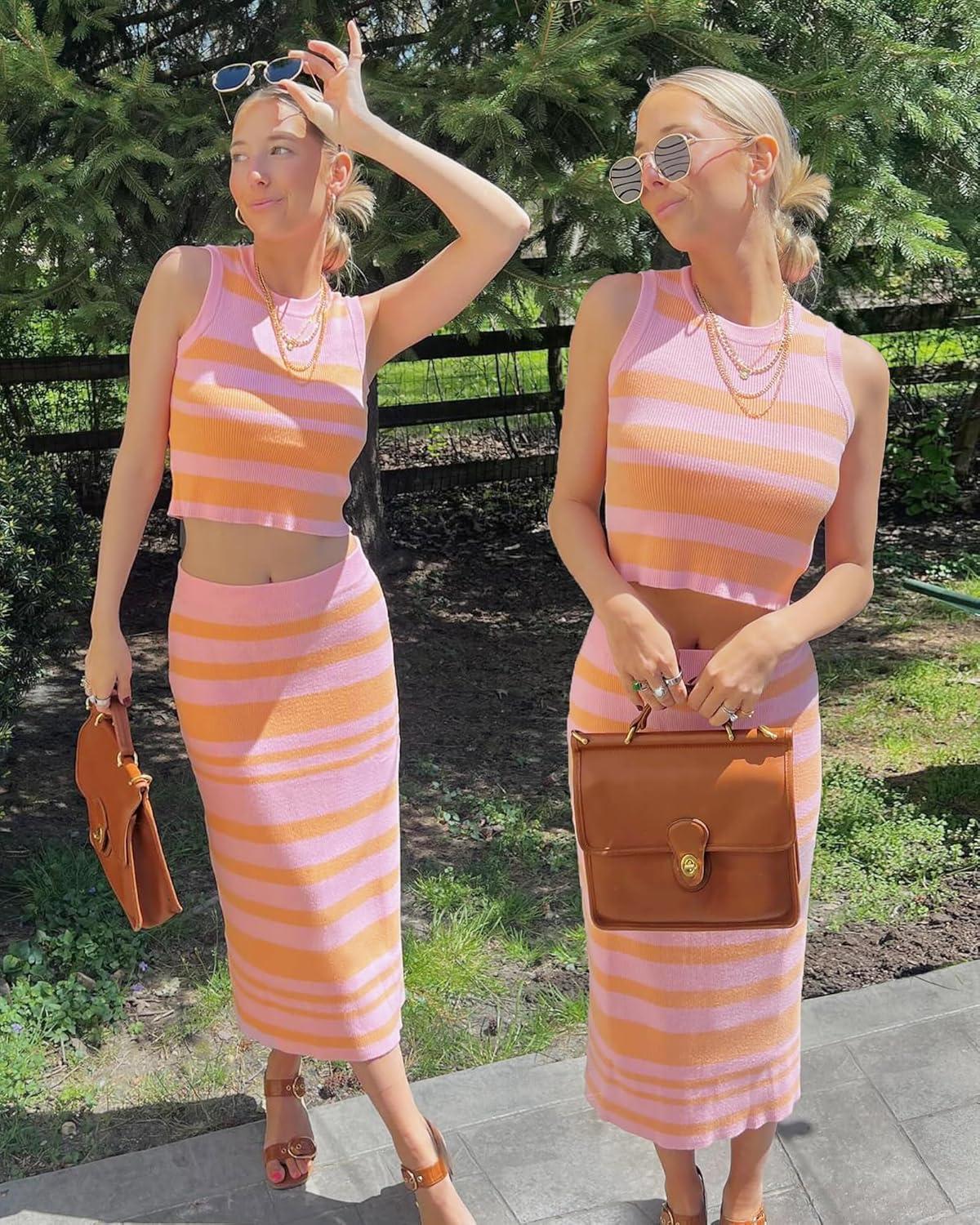 imageArachampampCloz Womens Non See Through 2 Piece Sets Early Fall Tank Top and Midi Skirt Knit OutfitsPinkorange