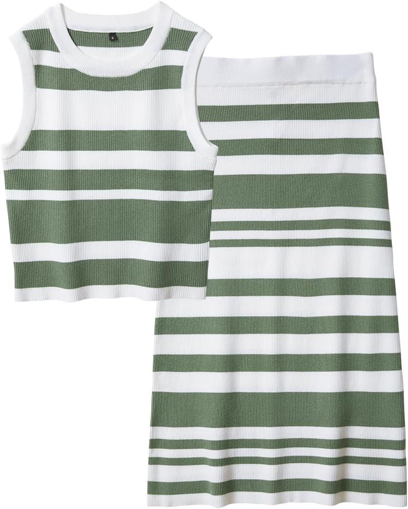 imageArachampampCloz Womens Non See Through 2 Piece Sets Early Fall Tank Top and Midi Skirt Knit OutfitsWhitegreen Fresh
