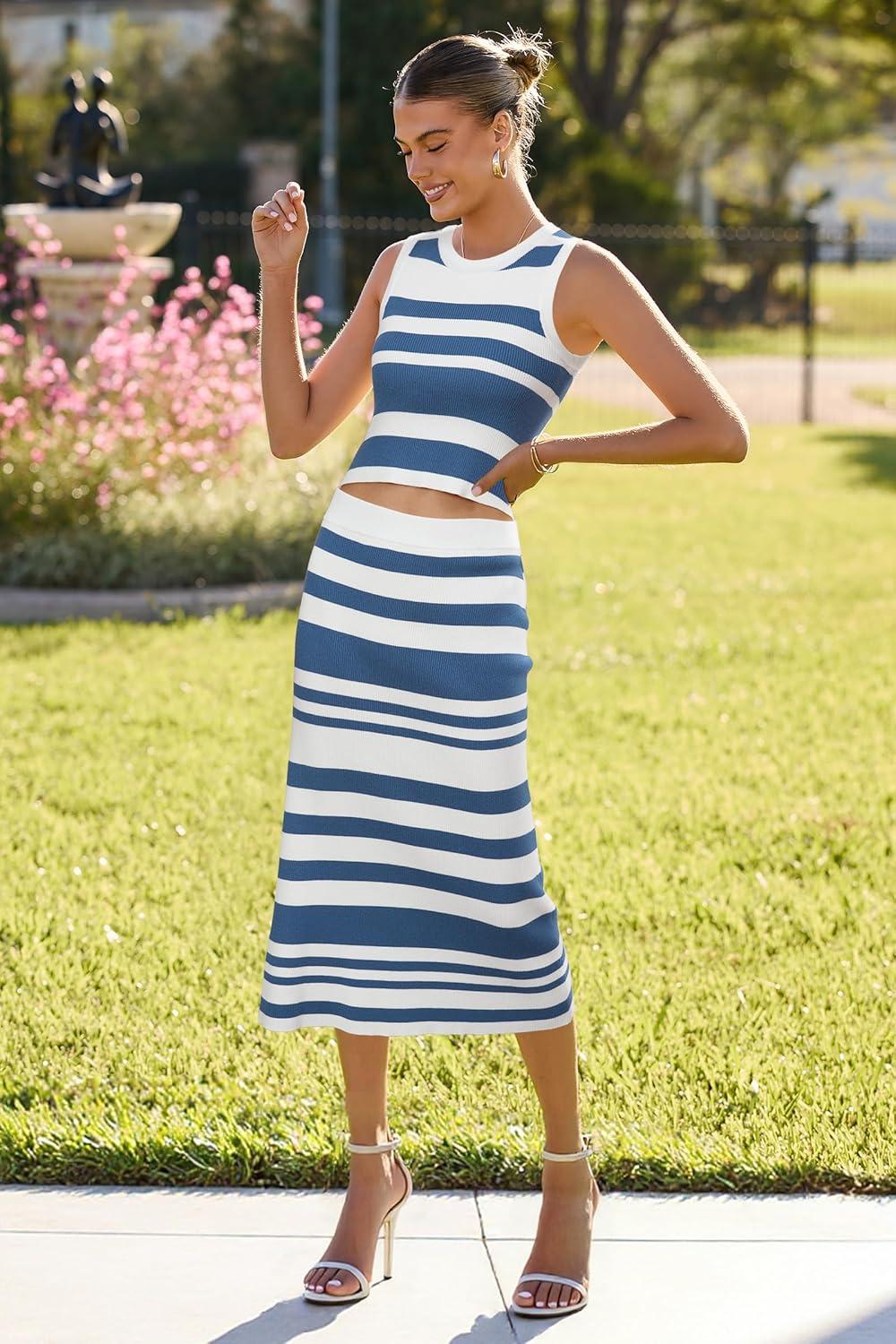 imageArachampampCloz Womens Non See Through 2 Piece Sets Early Fall Tank Top and Midi Skirt Knit OutfitsWhitelake Blue