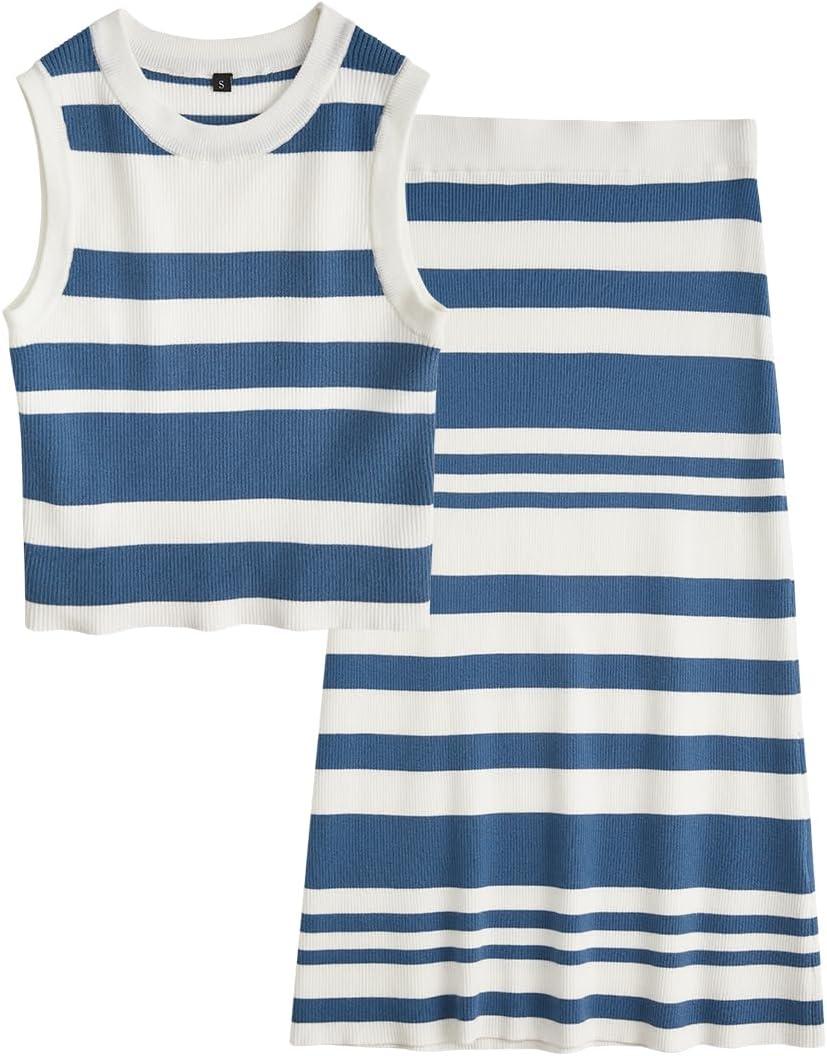 imageArachampampCloz Womens Non See Through 2 Piece Sets Early Fall Tank Top and Midi Skirt Knit OutfitsWhitelake Blue