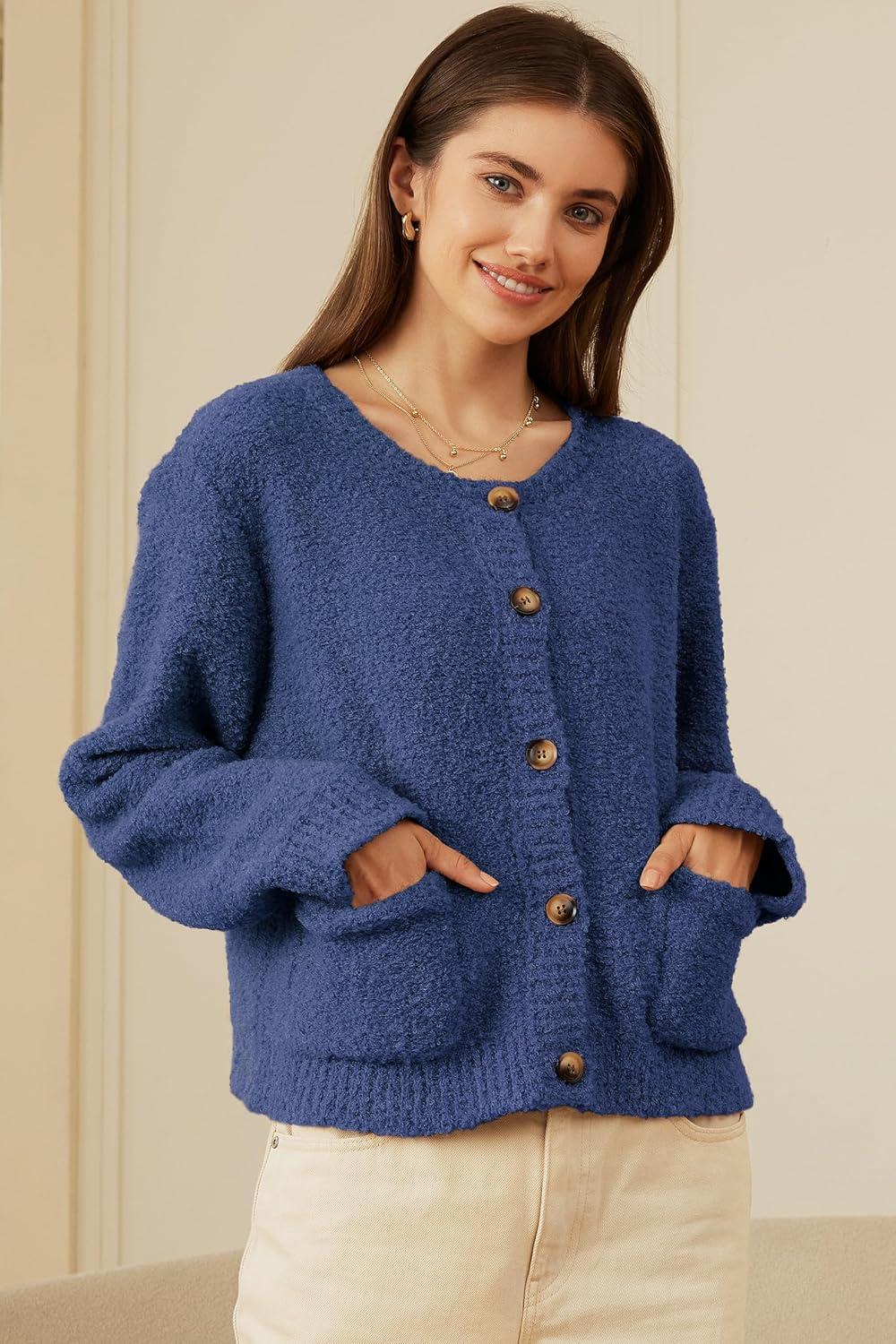 imageArachampampCloz Womens Open Front Cardigan Sweaters Fall Fashion Button Down Knit Chunky Outwear Coats with PocketsDark Blue