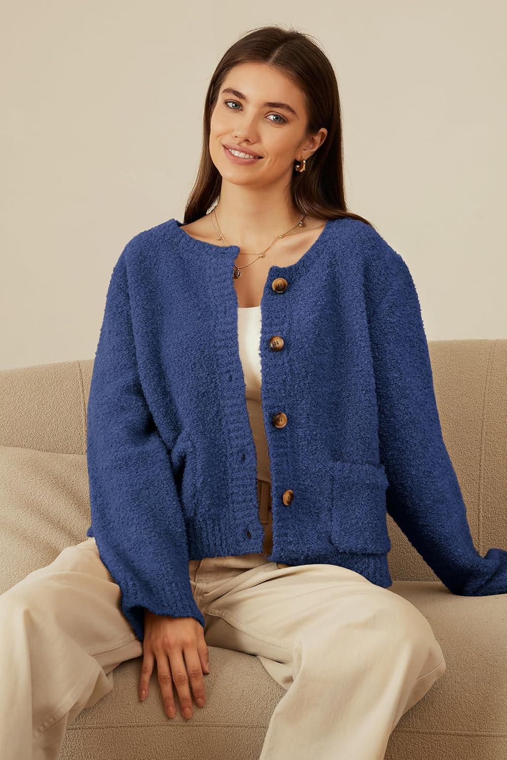 imageArachampampCloz Womens Open Front Cardigan Sweaters Fall Fashion Button Down Knit Chunky Outwear Coats with PocketsDark Blue