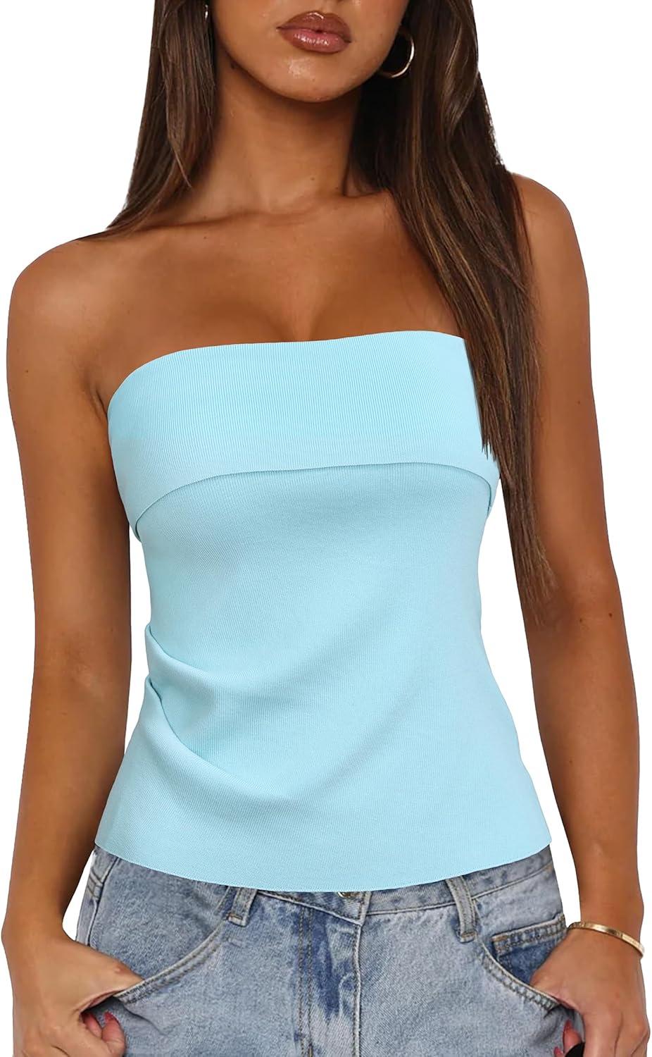 imageArachampampCloz Womens Silk Blend Non See Through Non Slip Fall Fashion Tube Top 2025Light Blue