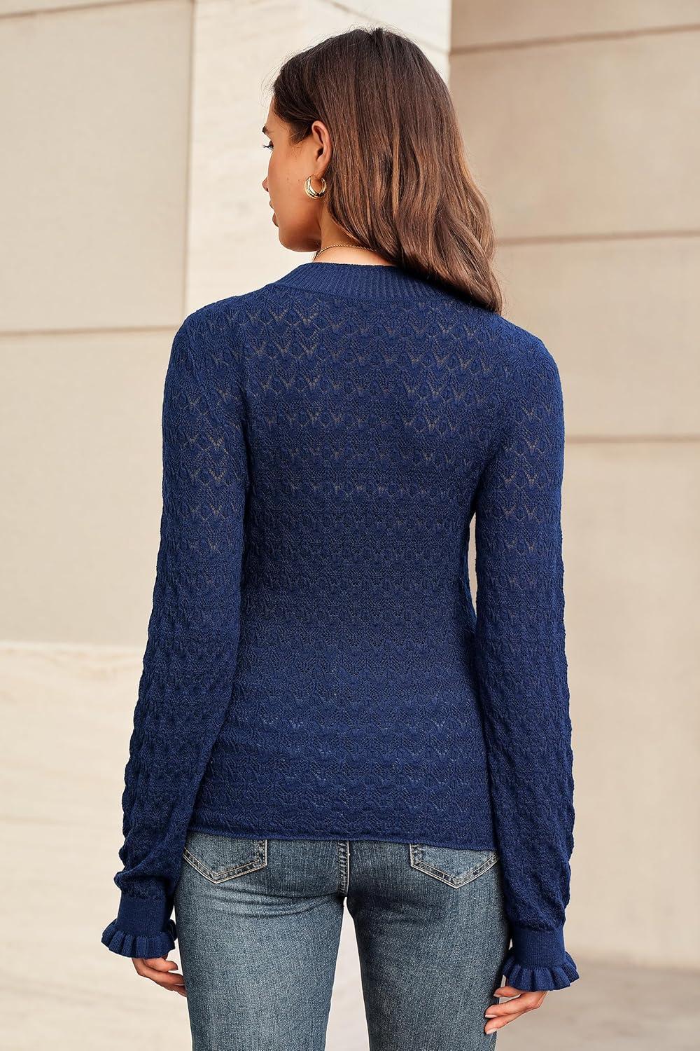 imageArachampampCloz Womens Silk Wool Blend Lace Mock Neck Slim Fitted Sweater Trendy 2025Blue