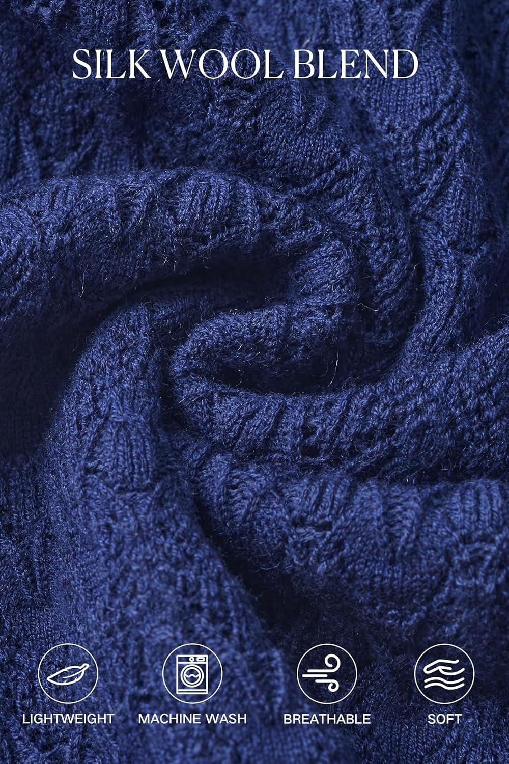 imageArachampampCloz Womens Silk Wool Blend Lace Mock Neck Slim Fitted Sweater Trendy 2025Blue