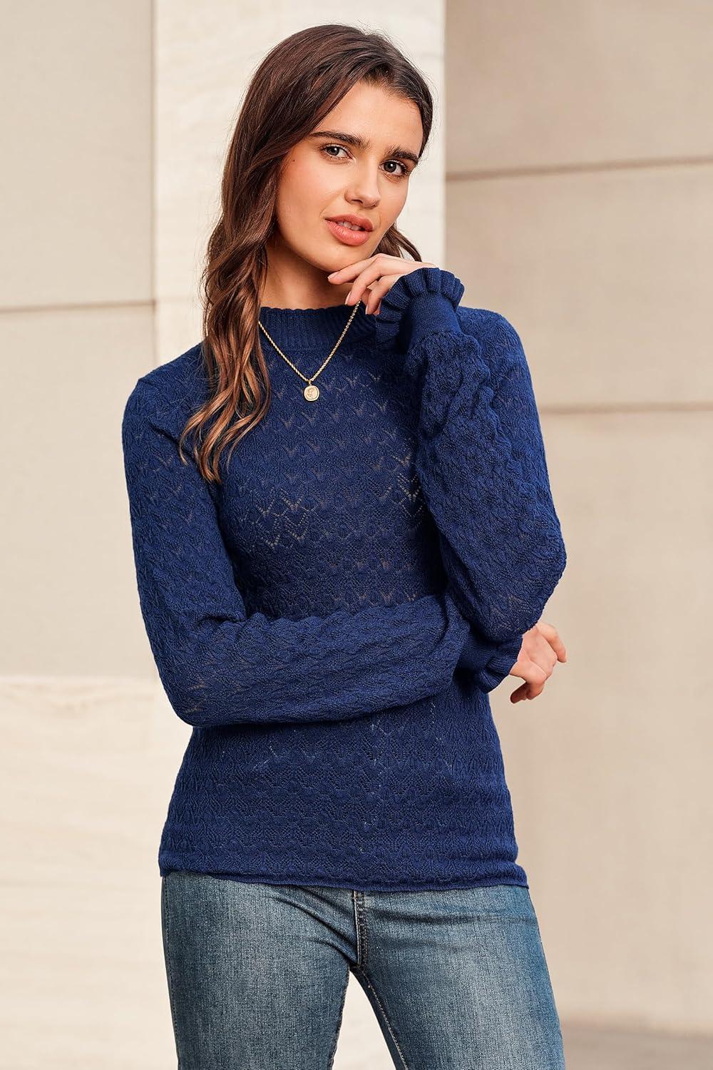 imageArachampampCloz Womens Silk Wool Blend Lace Mock Neck Slim Fitted Sweater Trendy 2025Blue