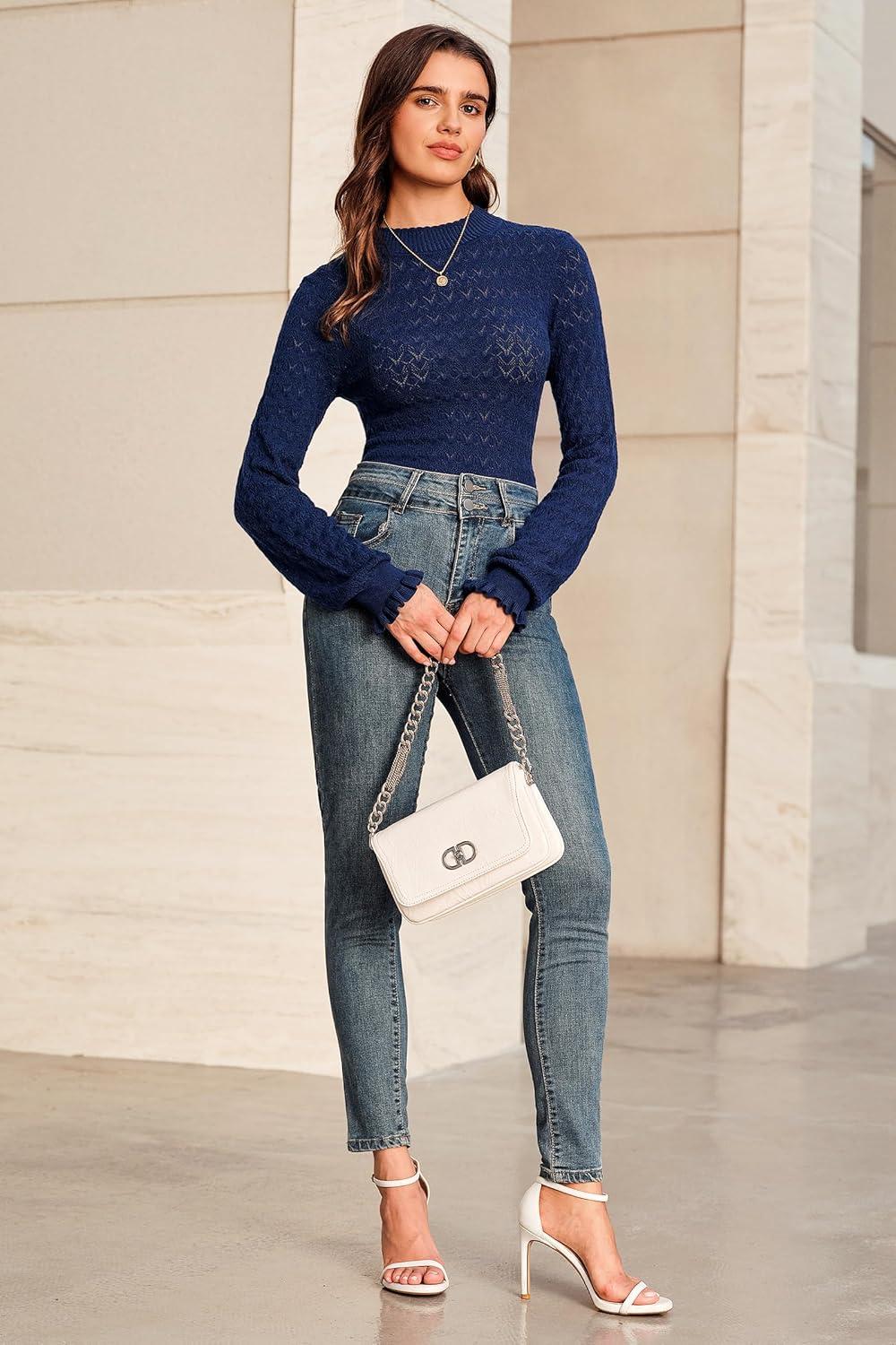 imageArachampampCloz Womens Silk Wool Blend Lace Mock Neck Slim Fitted Sweater Trendy 2025Blue