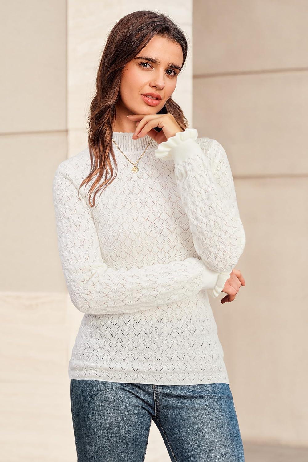 imageArachampampCloz Womens Silk Wool Blend Lace Mock Neck Slim Fitted Sweater Trendy 2025White