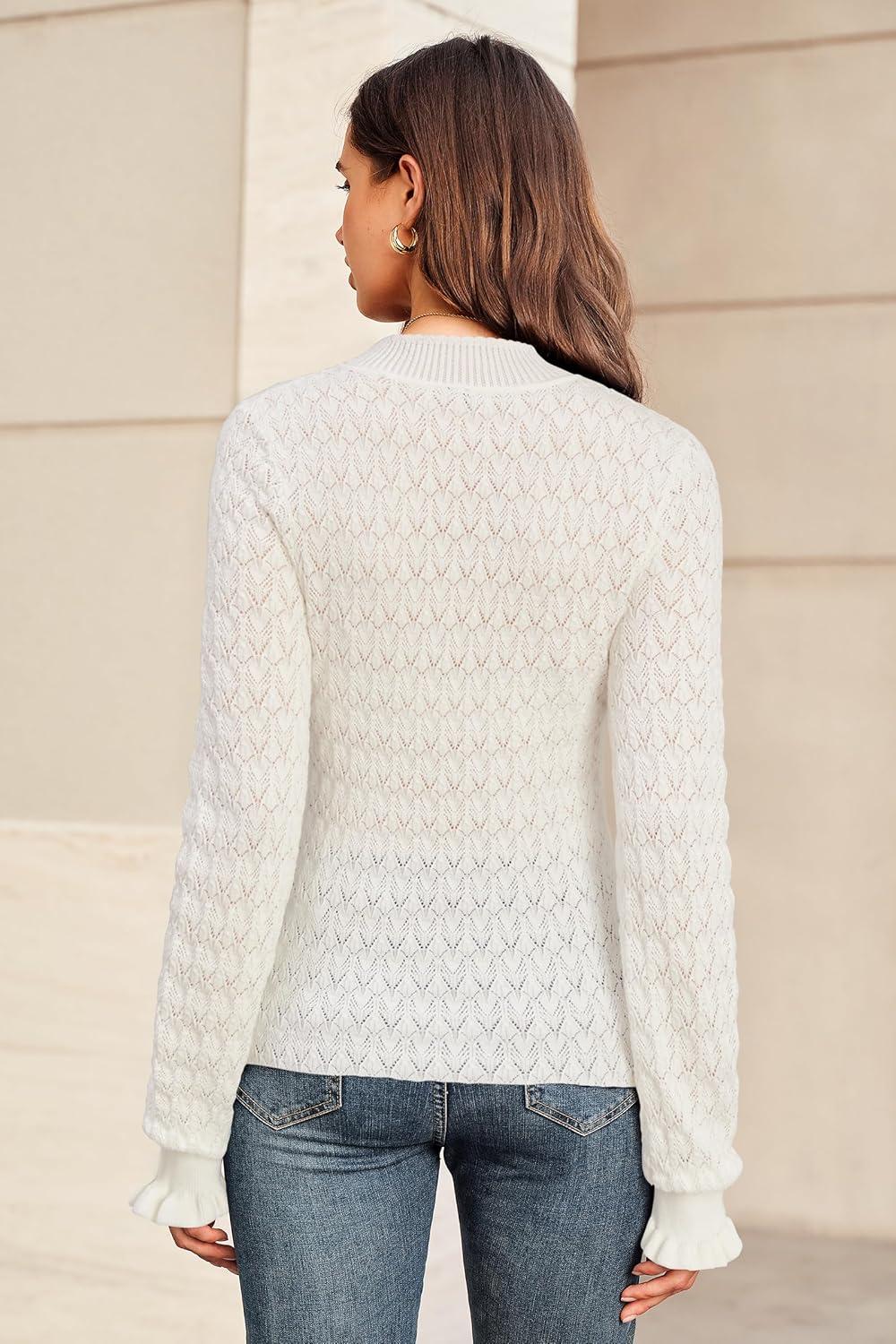 imageArachampampCloz Womens Silk Wool Blend Lace Mock Neck Slim Fitted Sweater Trendy 2025White