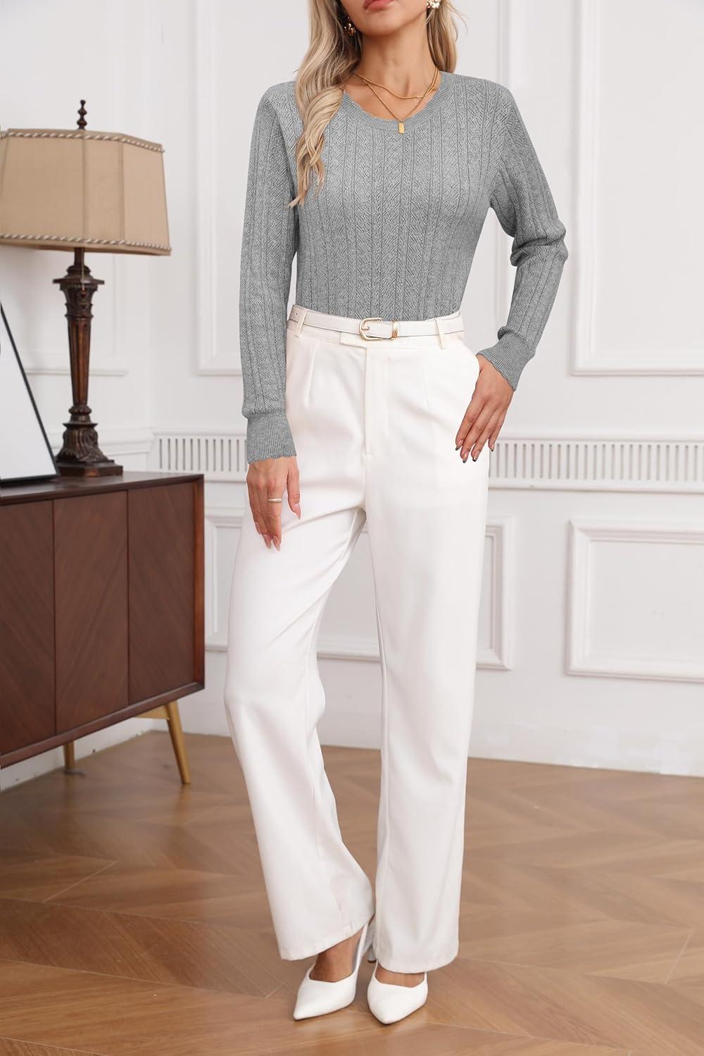 imageArachampampCloz Womens Summer Fall Scalloped Lace Cuff Crewneck Tops Textured ShirtsBgrey