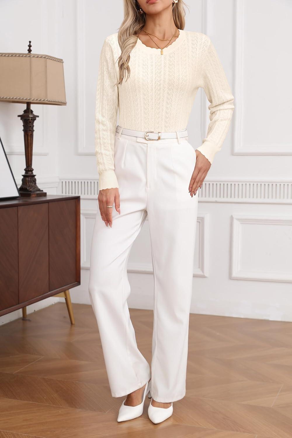 imageArachampampCloz Womens Summer Fall Scalloped Lace Cuff Crewneck Tops Textured ShirtsBivory Apricot