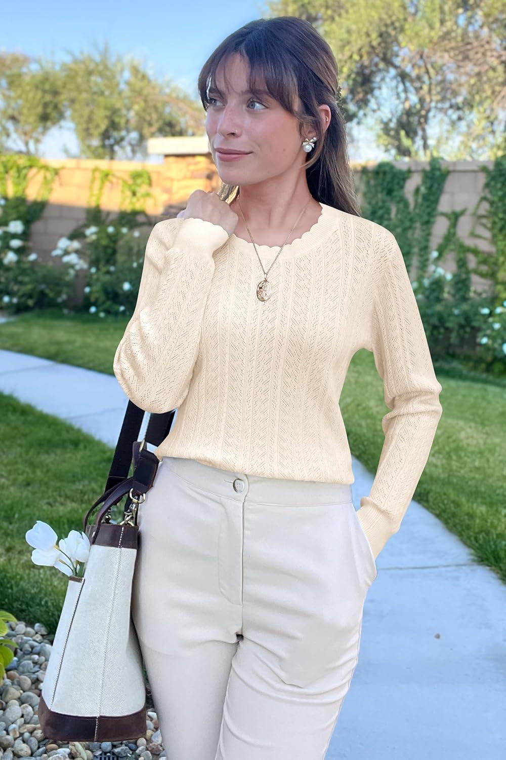 imageArachampampCloz Womens Summer Fall Scalloped Lace Cuff Crewneck Tops Textured ShirtsBivory Apricot