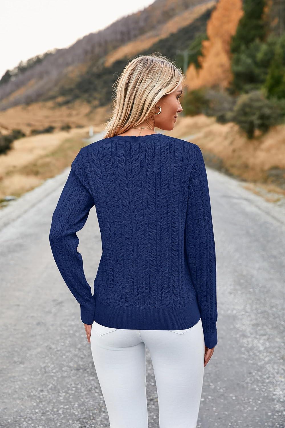 imageArachampampCloz Womens Summer Fall Scalloped Lace Cuff Crewneck Tops Textured ShirtsBnavy