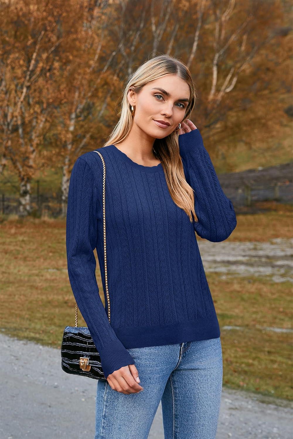 imageArachampampCloz Womens Summer Fall Scalloped Lace Cuff Crewneck Tops Textured ShirtsBnavy