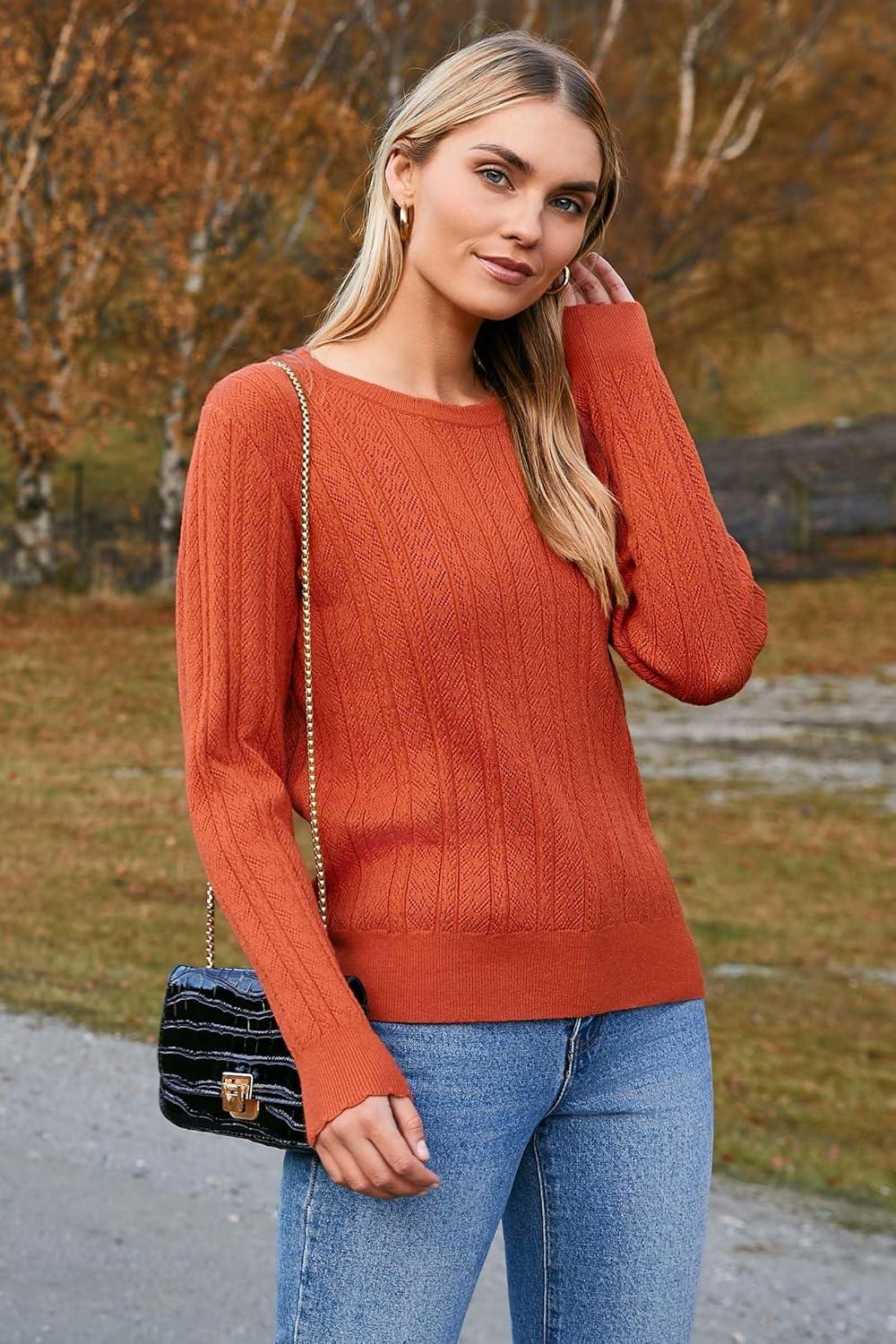 imageArachampampCloz Womens Summer Fall Scalloped Lace Cuff Crewneck Tops Textured ShirtsBrust Orange