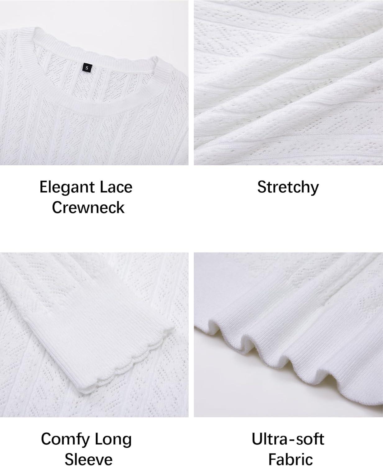 imageArachampampCloz Womens Summer Fall Scalloped Lace Cuff Crewneck Tops Textured ShirtsBwhite