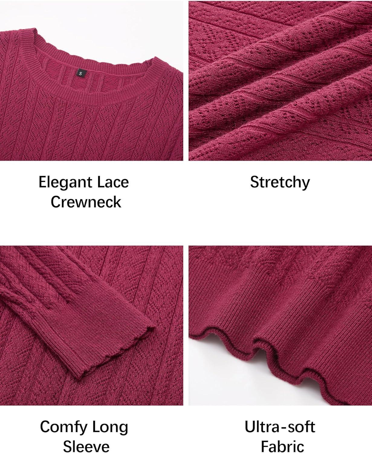 imageArachampampCloz Womens Summer Fall Scalloped Lace Cuff Crewneck Tops Textured ShirtsBwine Red