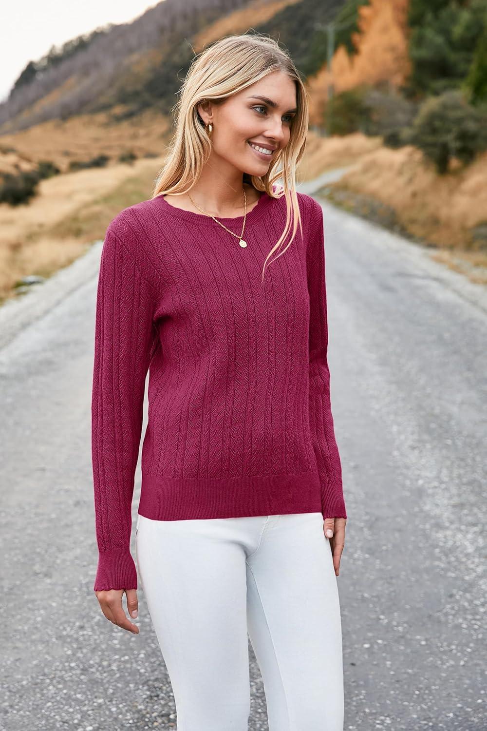 imageArachampampCloz Womens Summer Fall Scalloped Lace Cuff Crewneck Tops Textured ShirtsBwine Red