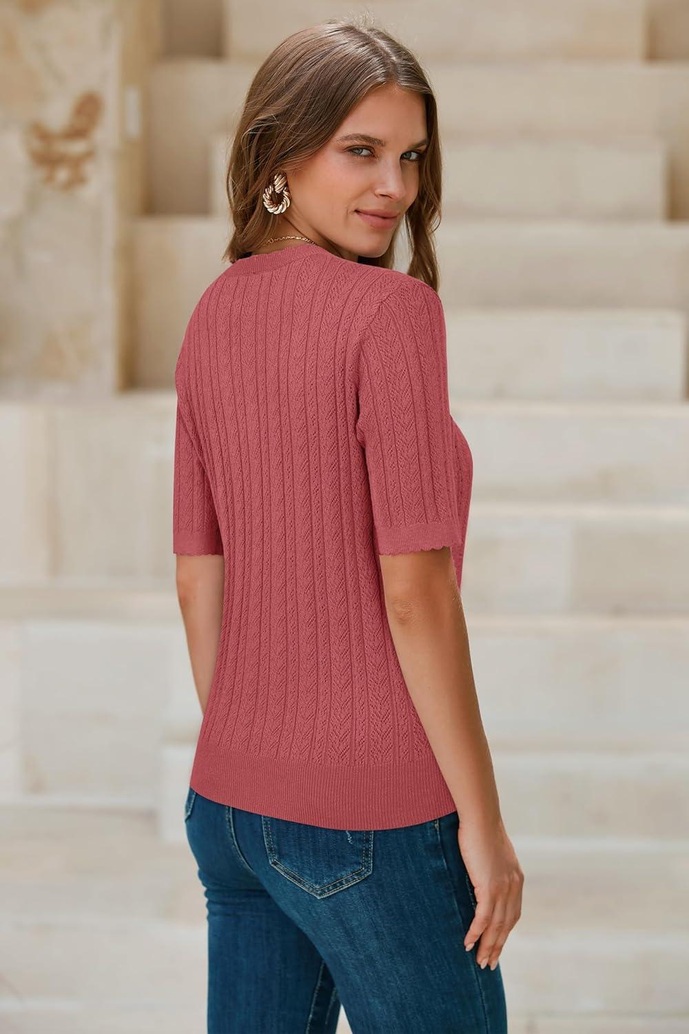 imageArachampampCloz Womens Summer Fall Scalloped Lace Cuff Crewneck Tops Textured ShirtsDusty Red