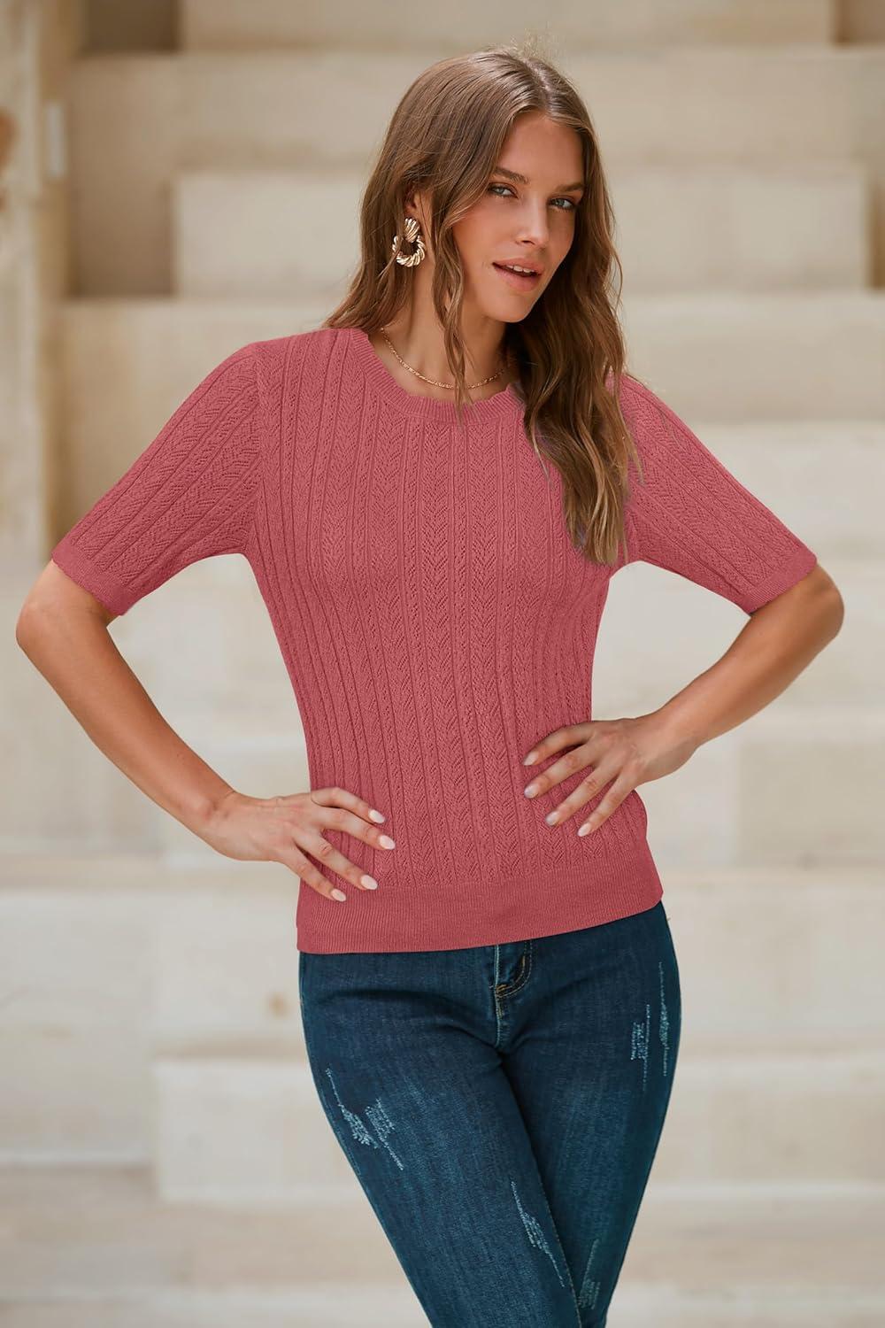 imageArachampampCloz Womens Summer Fall Scalloped Lace Cuff Crewneck Tops Textured ShirtsDusty Red