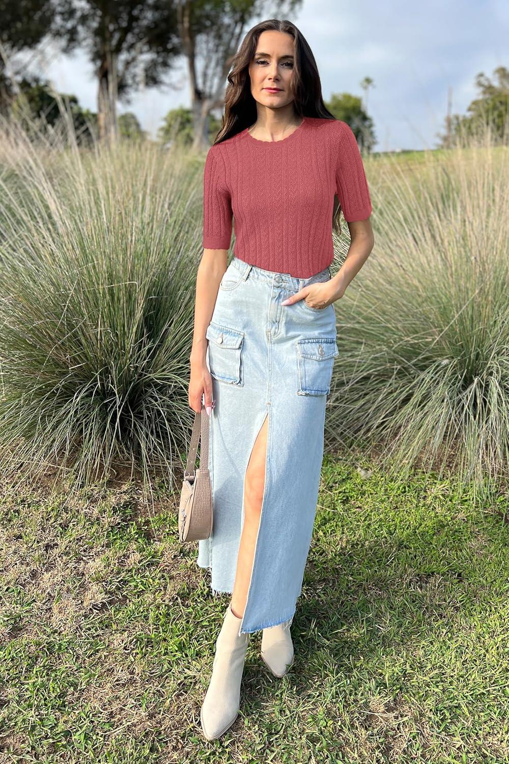 imageArachampampCloz Womens Summer Fall Scalloped Lace Cuff Crewneck Tops Textured ShirtsDusty Red