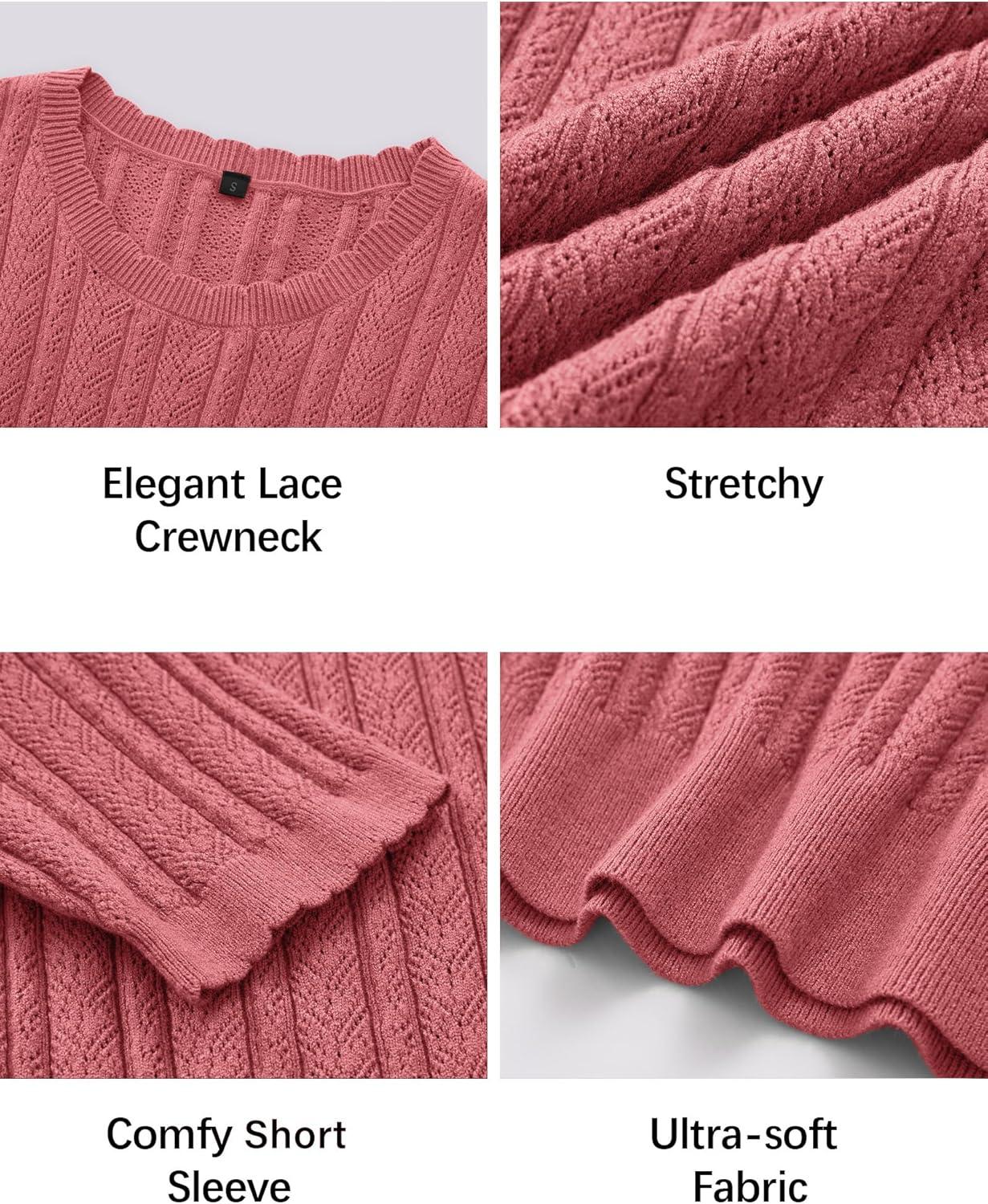 imageArachampampCloz Womens Summer Fall Scalloped Lace Cuff Crewneck Tops Textured ShirtsDusty Red