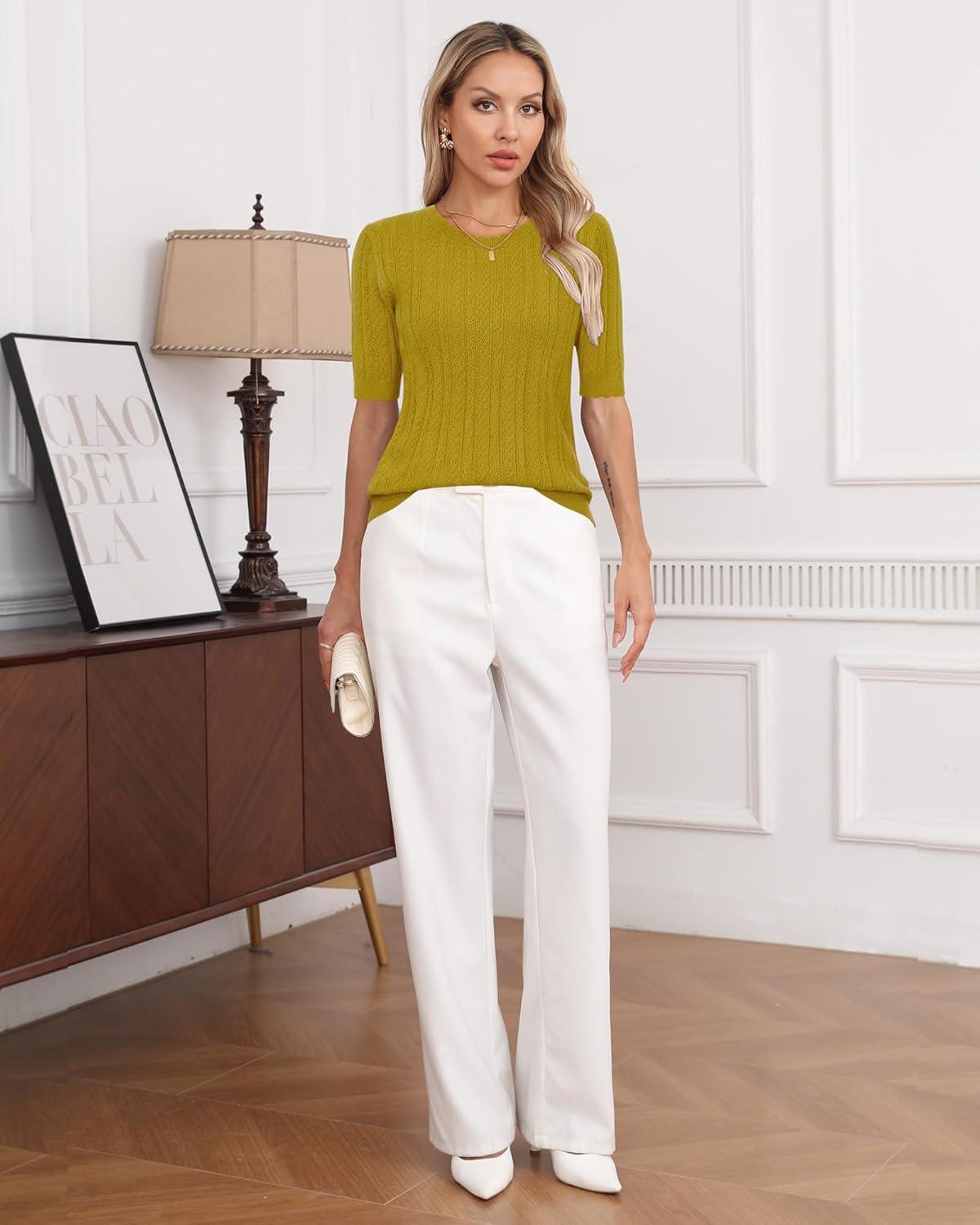 imageArachampampCloz Womens Summer Fall Scalloped Lace Cuff Crewneck Tops Textured ShirtsGold Palm