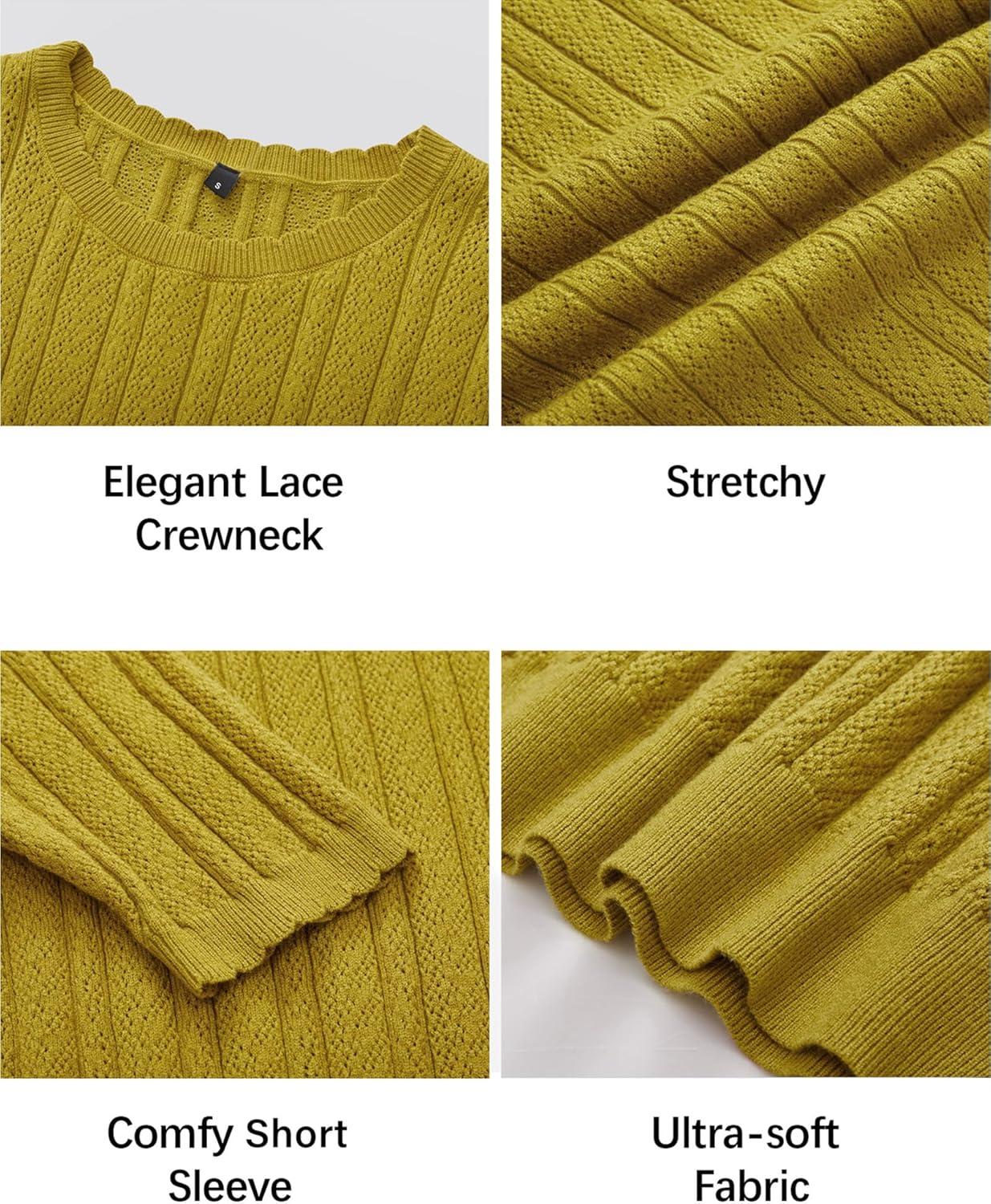 imageArachampampCloz Womens Summer Fall Scalloped Lace Cuff Crewneck Tops Textured ShirtsGold Palm