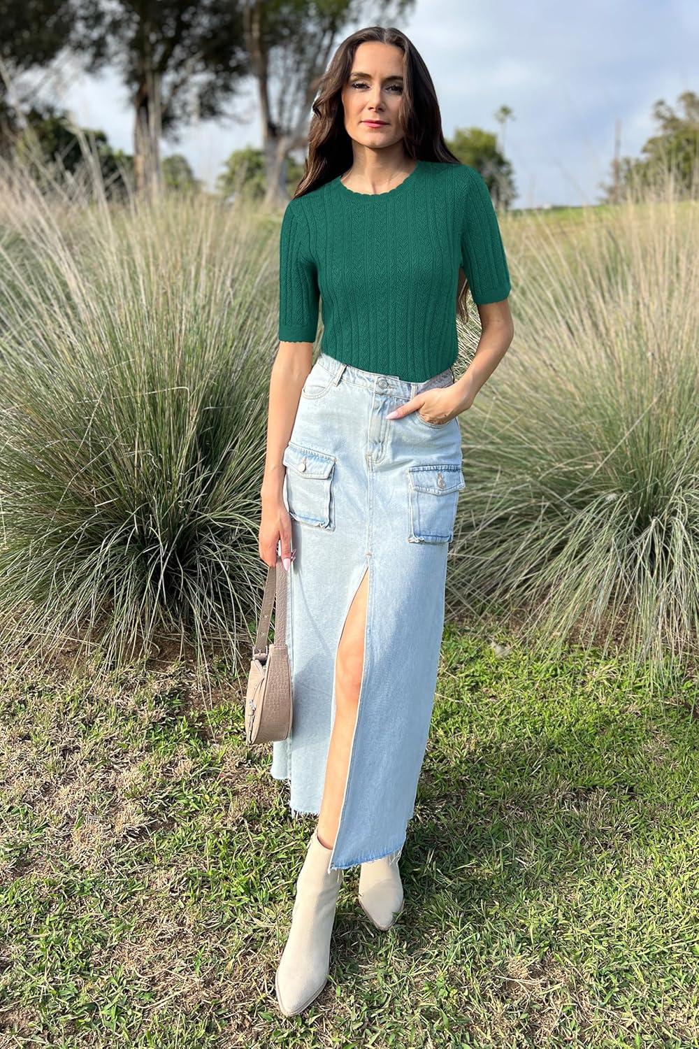 imageArachampampCloz Womens Summer Fall Scalloped Lace Cuff Crewneck Tops Textured ShirtsGreen