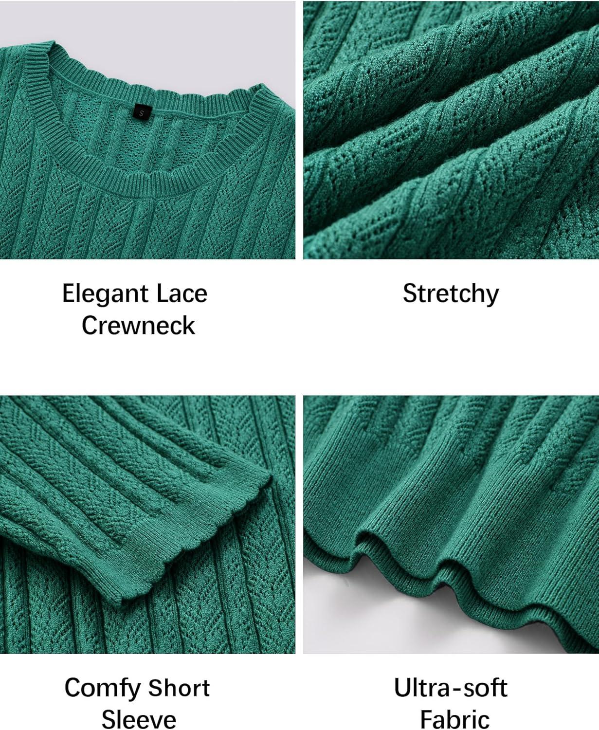 imageArachampampCloz Womens Summer Fall Scalloped Lace Cuff Crewneck Tops Textured ShirtsGreen