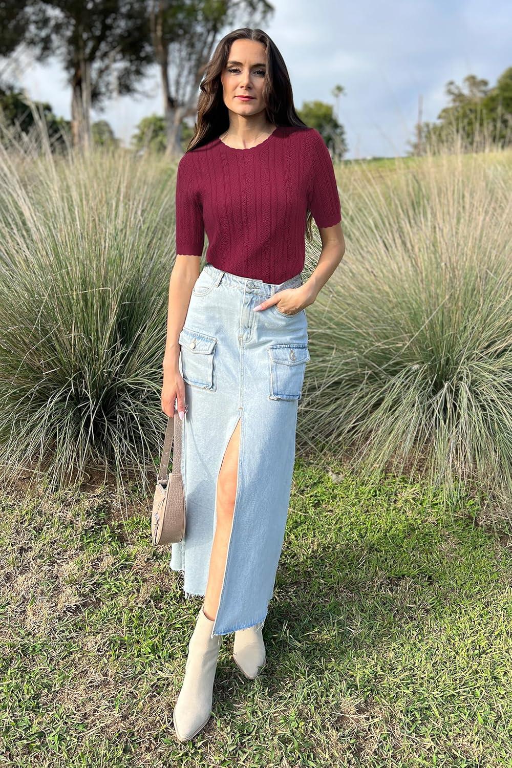 imageArachampampCloz Womens Summer Fall Scalloped Lace Cuff Crewneck Tops Textured ShirtsWine Red