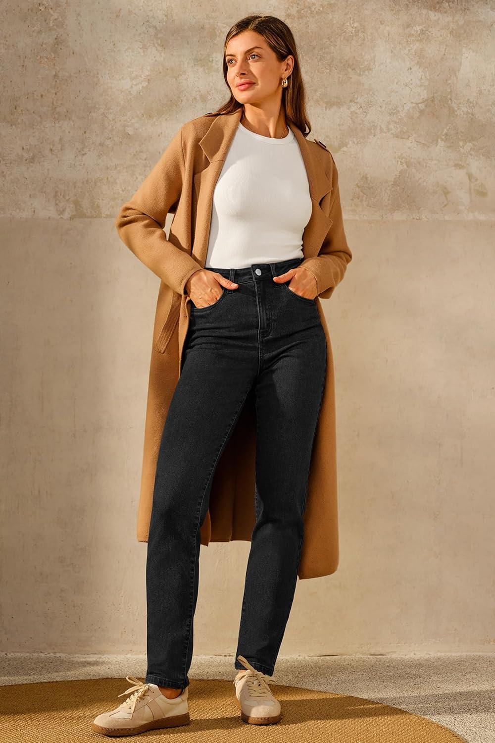 imageArachampampCloz Womens Thin Fleece Lined Jeans High Waisted Stretch Warm Straight Leg Pants 2025Black