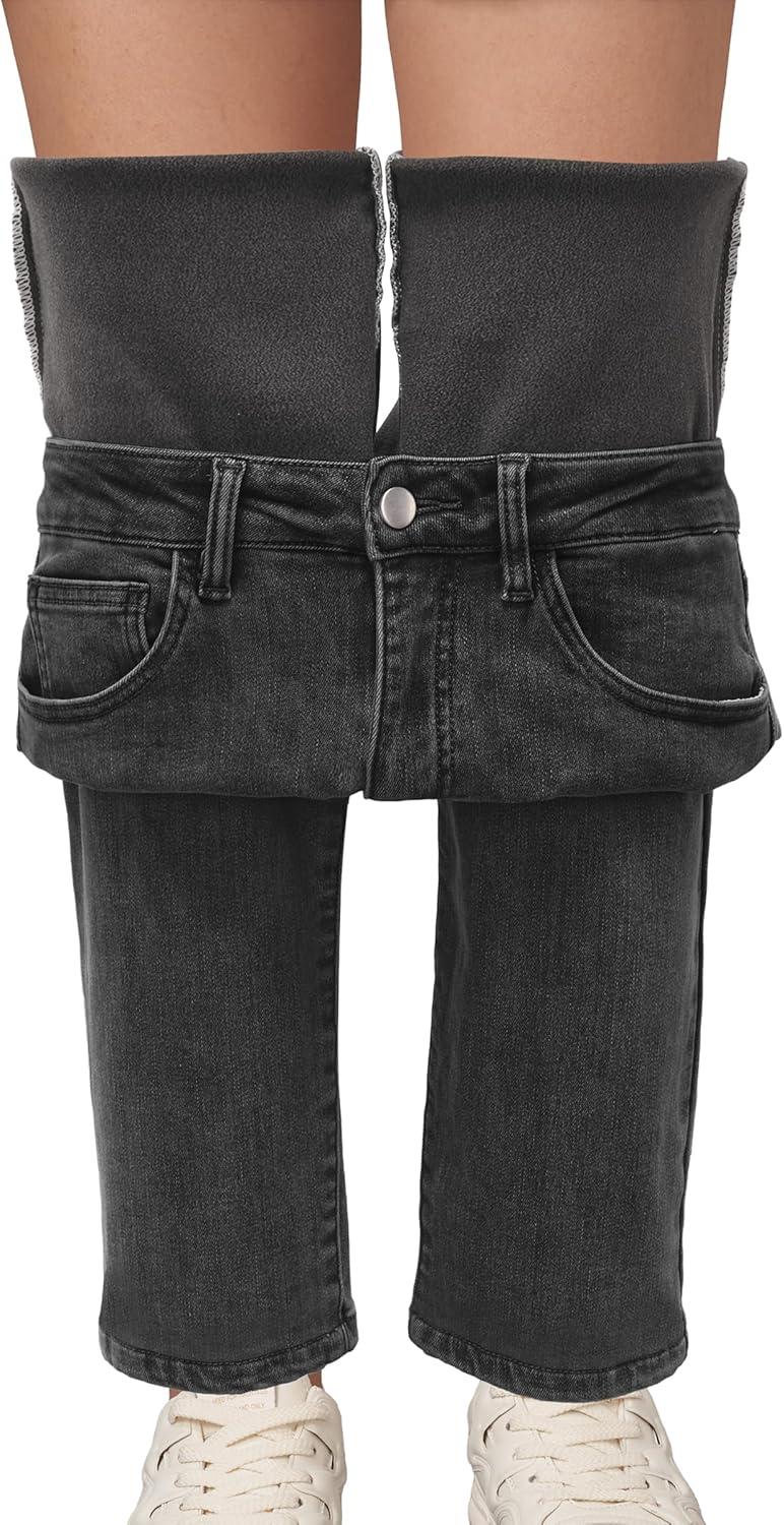 imageArachampampCloz Womens Thin Fleece Lined Jeans High Waisted Stretch Warm Straight Leg Pants 2025Black