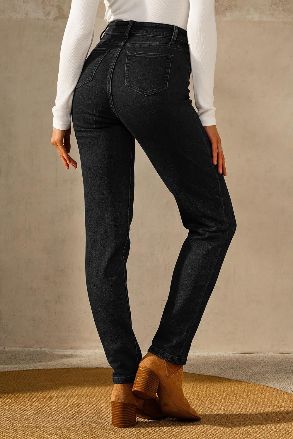 imageArachampampCloz Womens Thin Fleece Lined Jeans High Waisted Stretch Warm Straight Leg Pants 2025Black