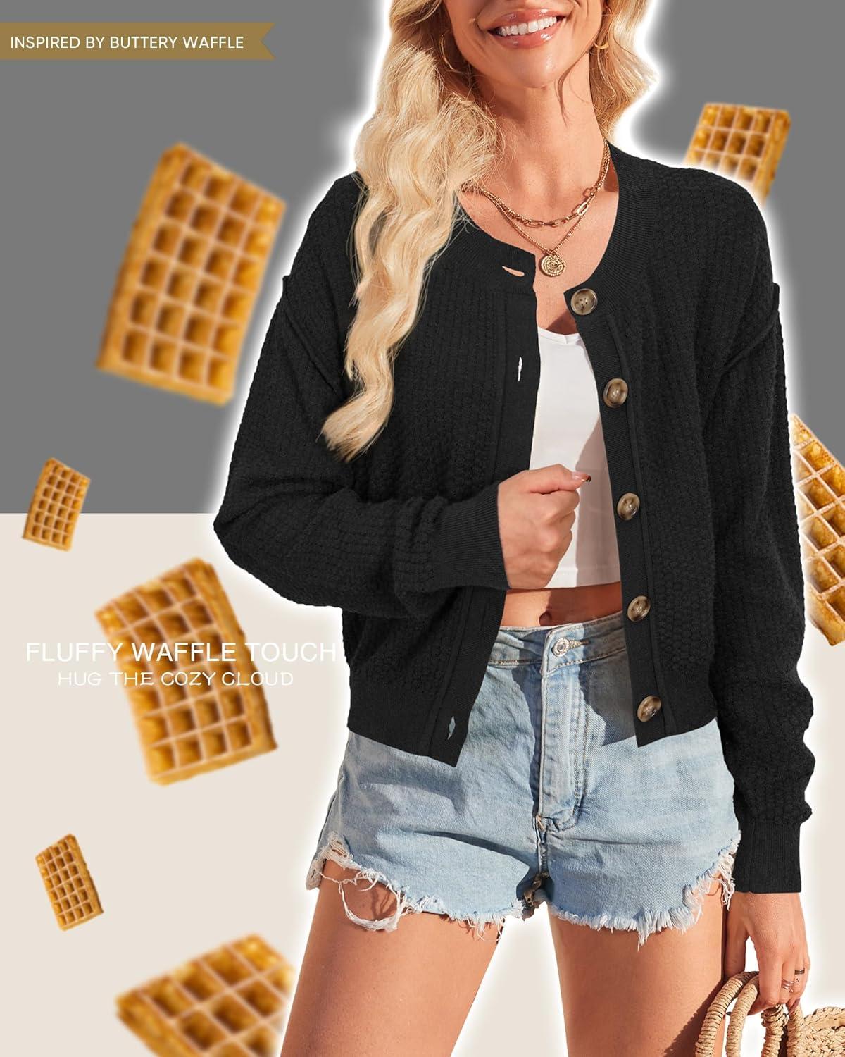 imageArachampampCloz Womens Waffle Cropped Cardigan Ultra Stretchy 2025 Spring Soft Chunky Button Business Casual SweatersBlack