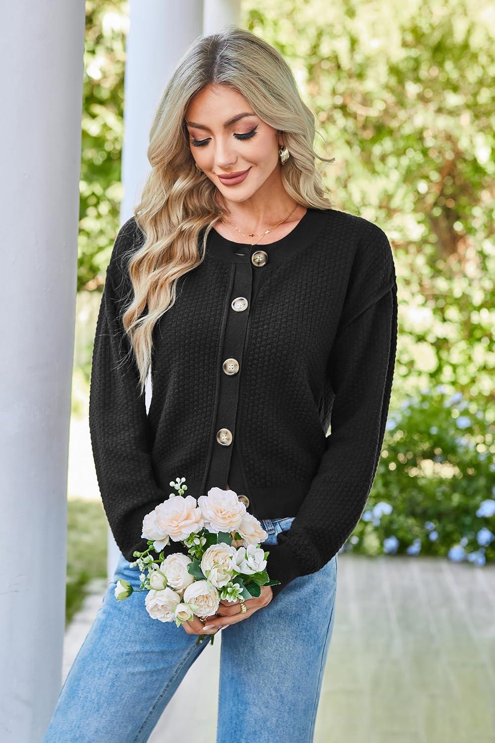 imageArachampampCloz Womens Waffle Cropped Cardigan Ultra Stretchy 2025 Spring Soft Chunky Button Business Casual SweatersBlack