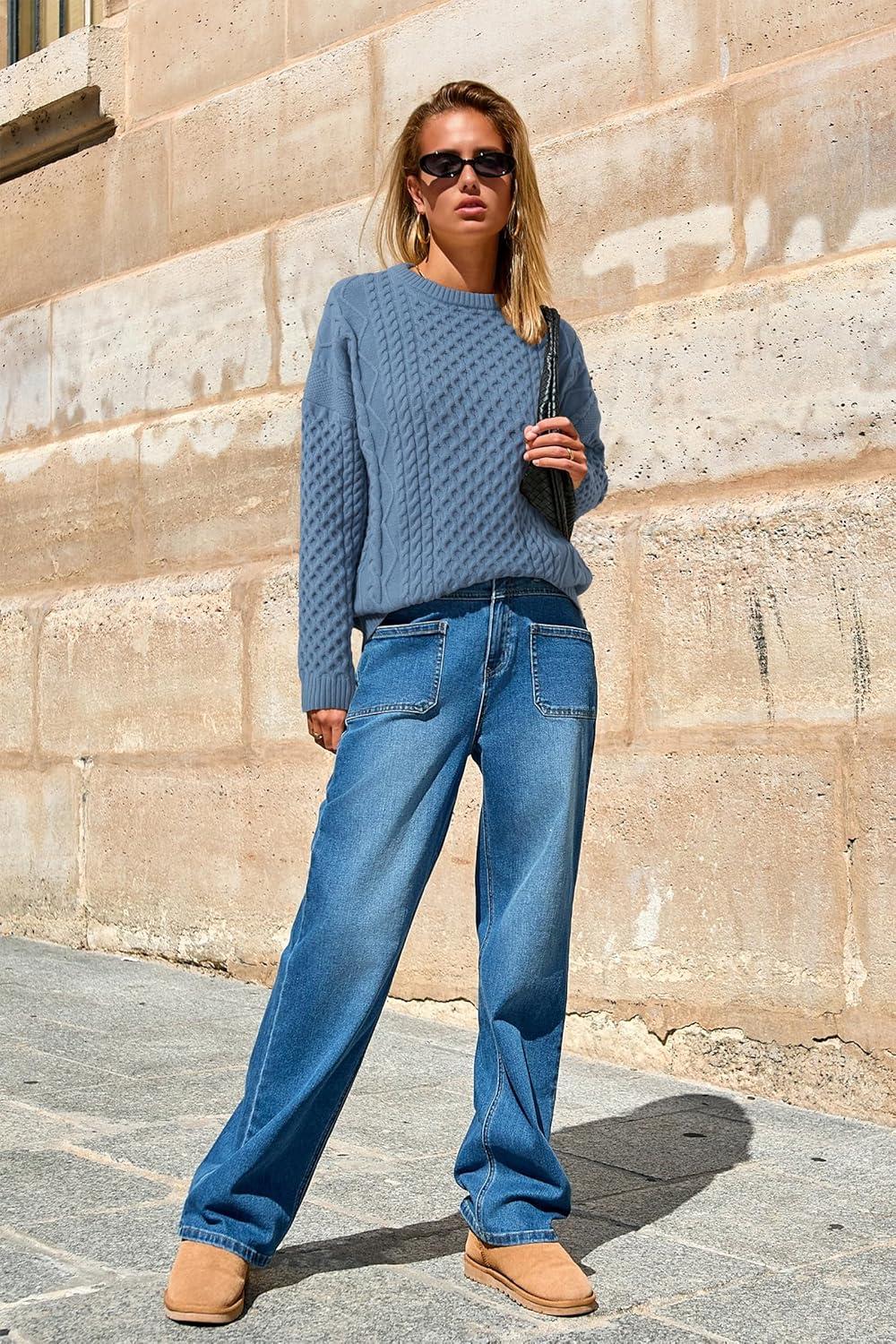imageArachampampCloz Womens Wool Blend Cable Knit Fall Winter Chunky Oversized Sweaters 2025Blue