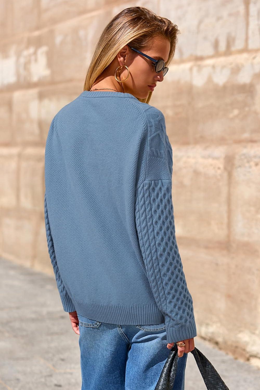 imageArachampampCloz Womens Wool Blend Cable Knit Fall Winter Chunky Oversized Sweaters 2025Blue