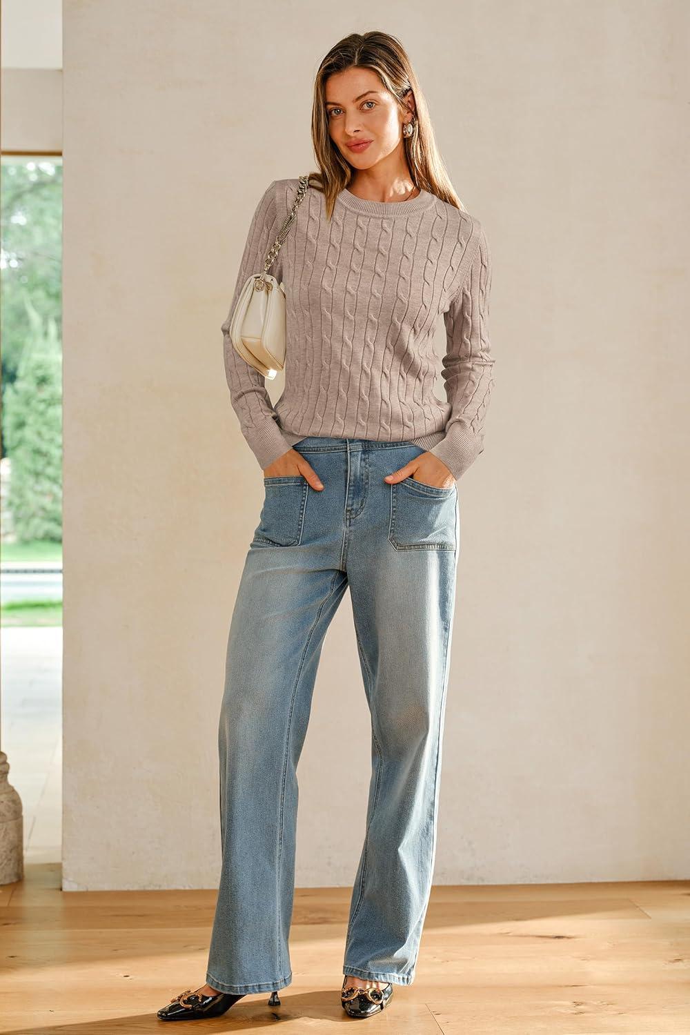 imageArachampampCloz Womens Wool Blend Classic Crew Neck Casual Fall SweatersCableapricot