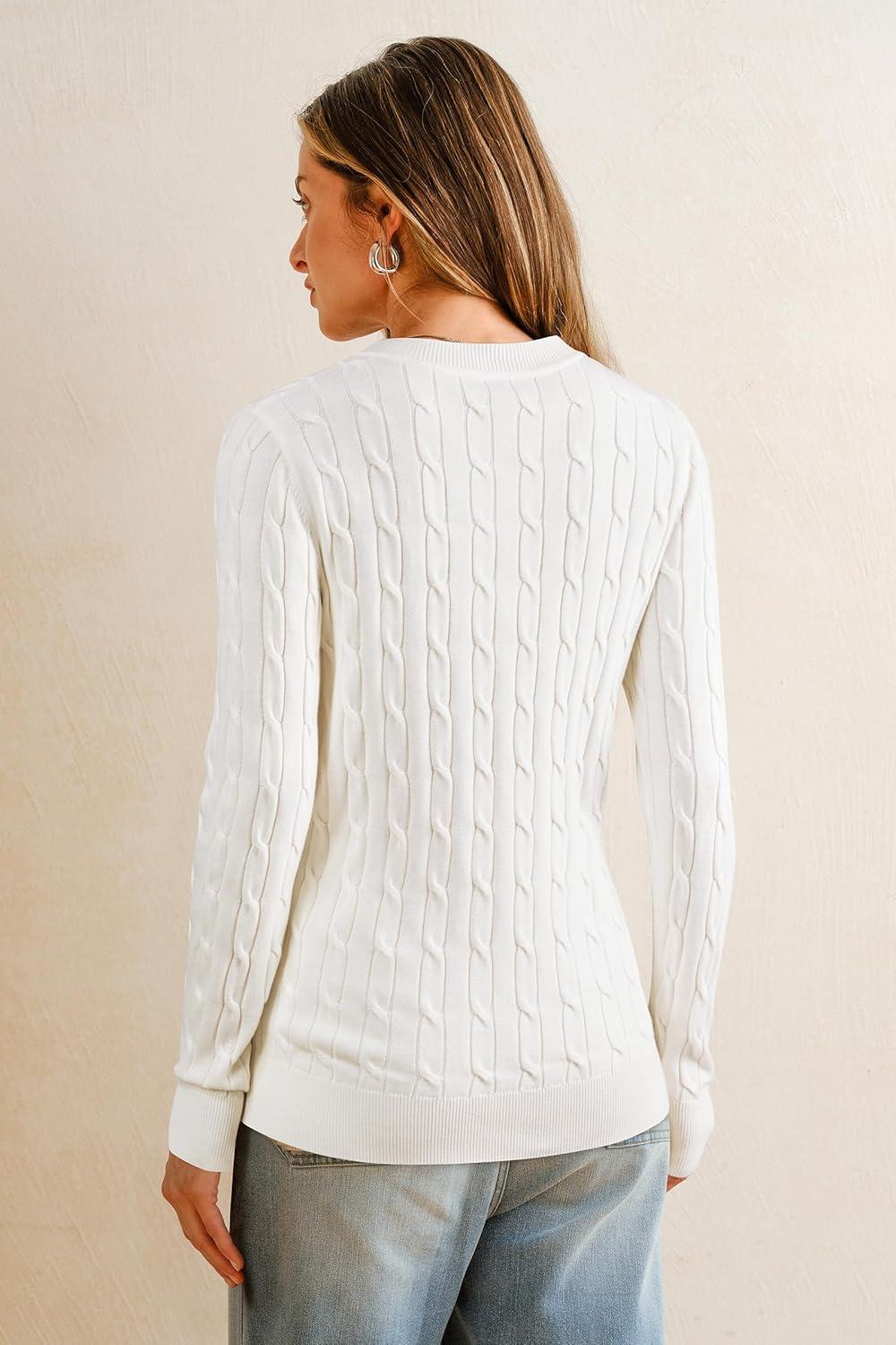 imageArachampampCloz Womens Wool Blend Classic Crew Neck Casual Fall SweatersCablewhite