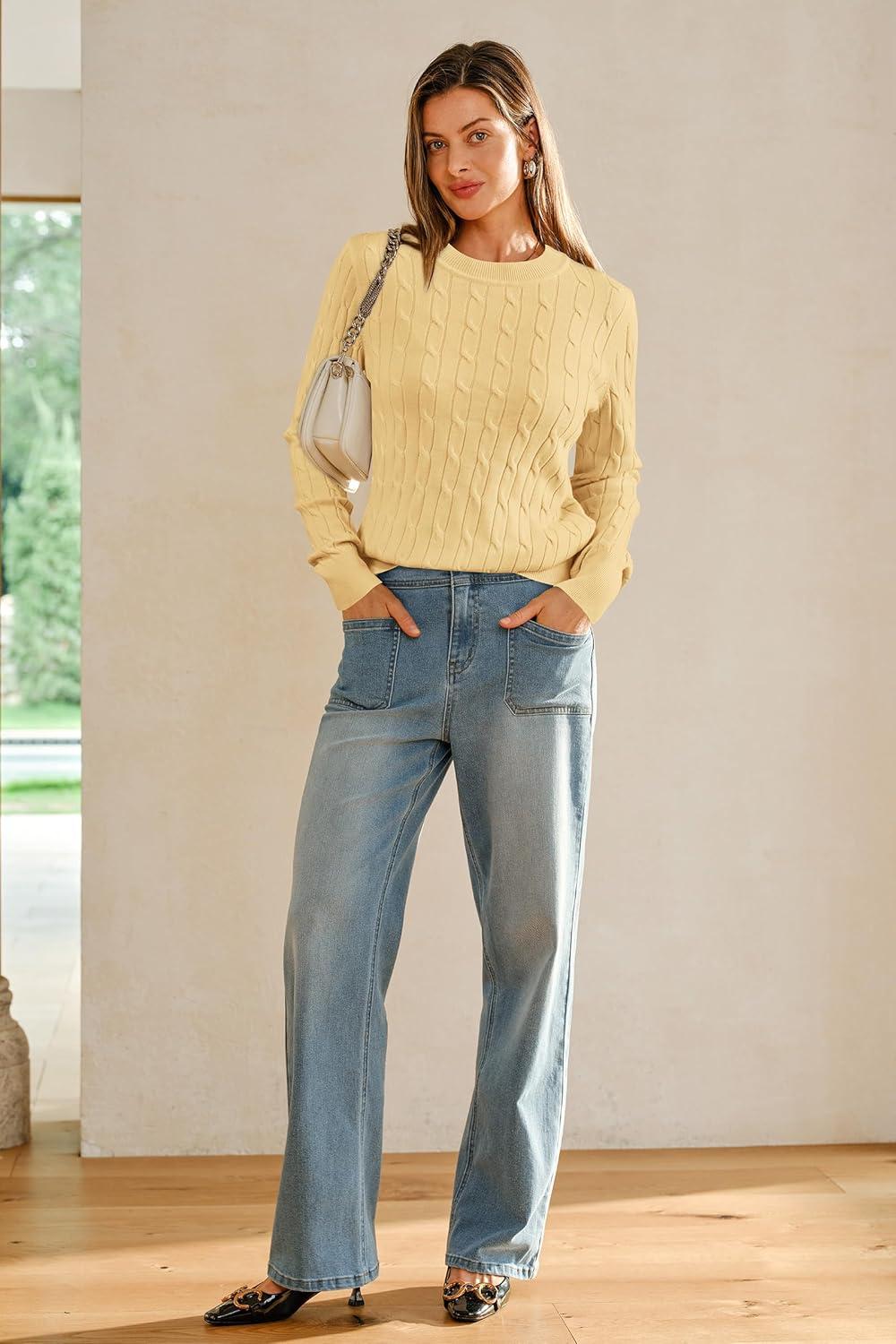 imageArachampampCloz Womens Wool Blend Classic Crew Neck Casual Fall SweatersCableyellow