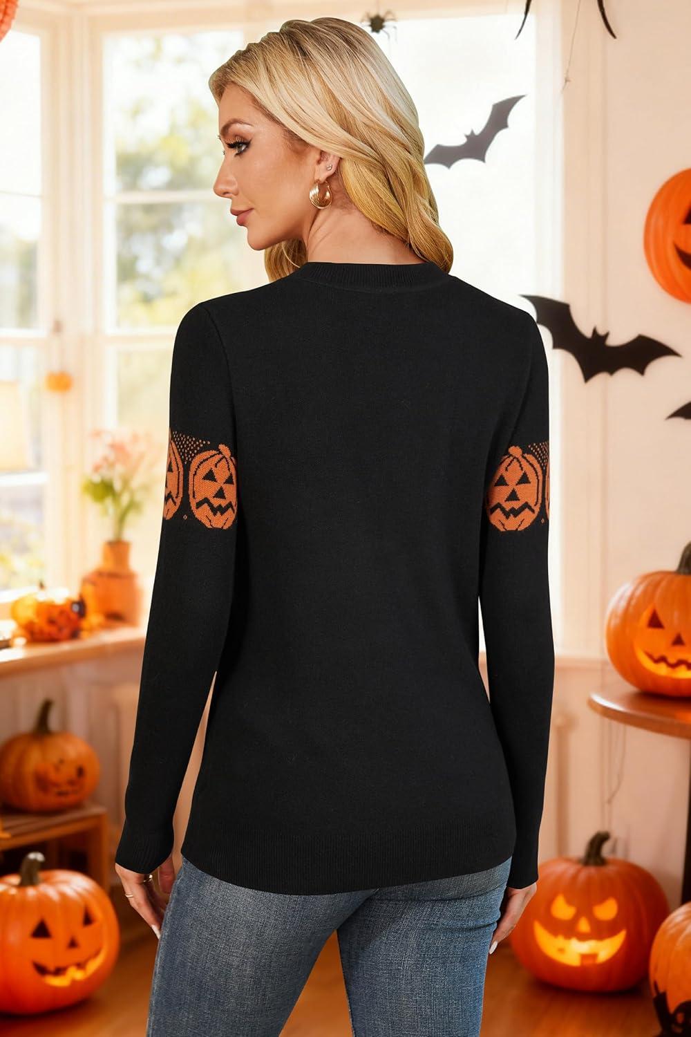 imageArachampampCloz Womens Wool Blend Classic Crew Neck Casual Fall SweatersHalloween Pumpkin