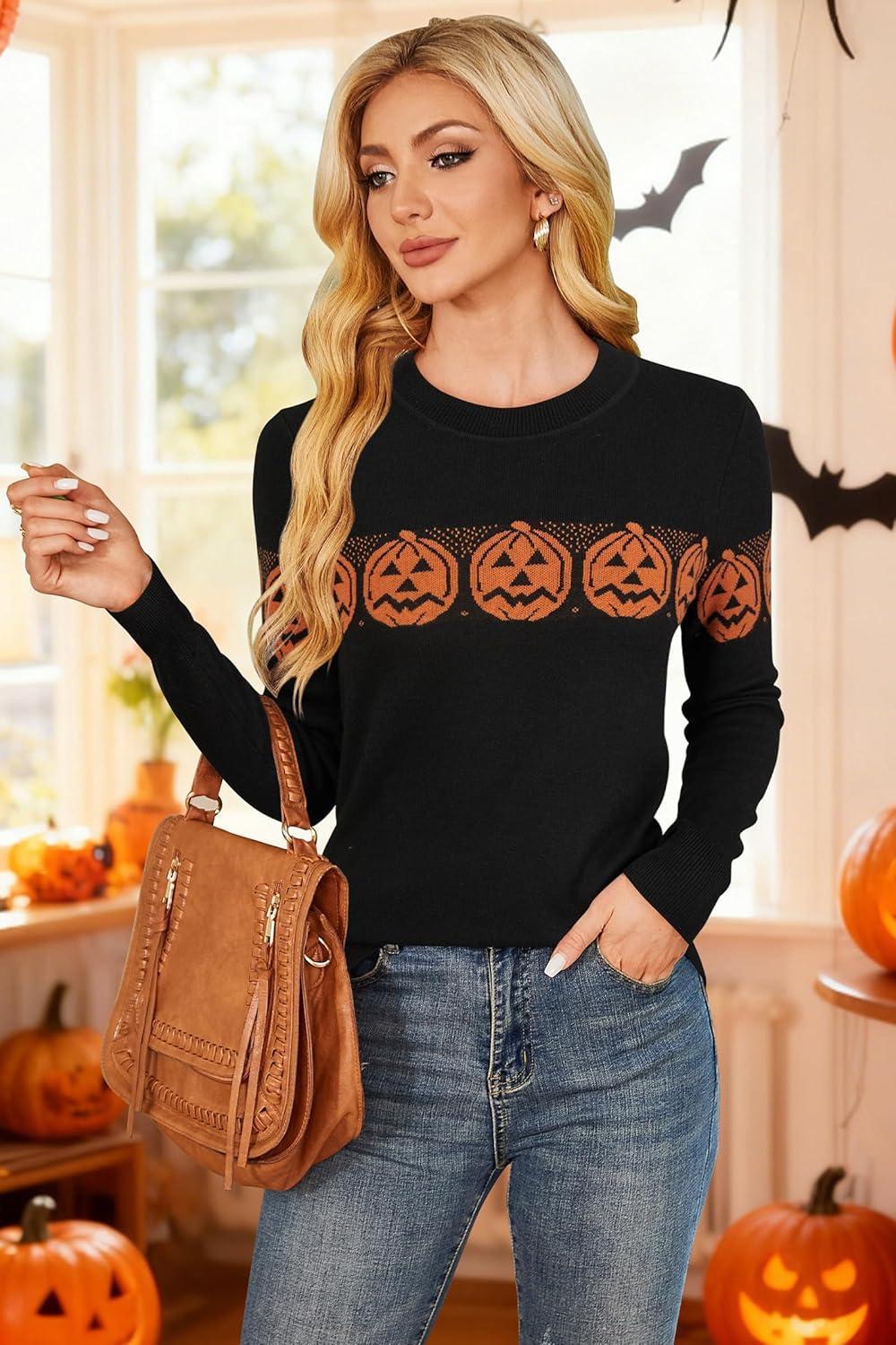imageArachampampCloz Womens Wool Blend Classic Crew Neck Casual Fall SweatersHalloween Pumpkin