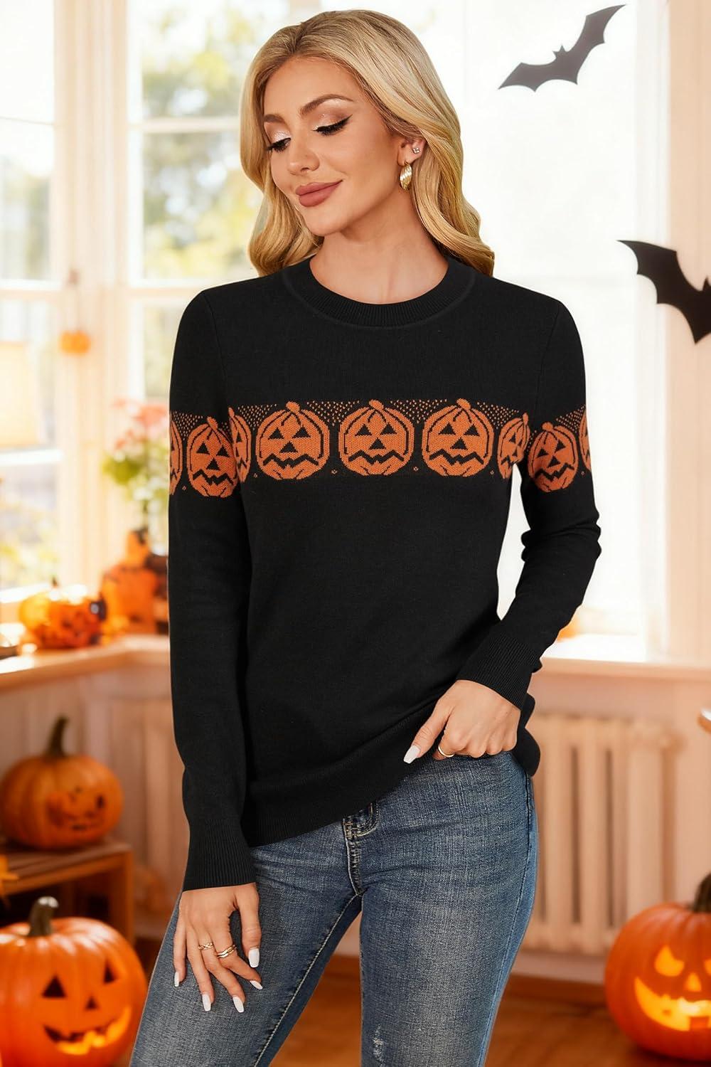 imageArachampampCloz Womens Wool Blend Classic Crew Neck Casual Fall SweatersHalloween Pumpkin