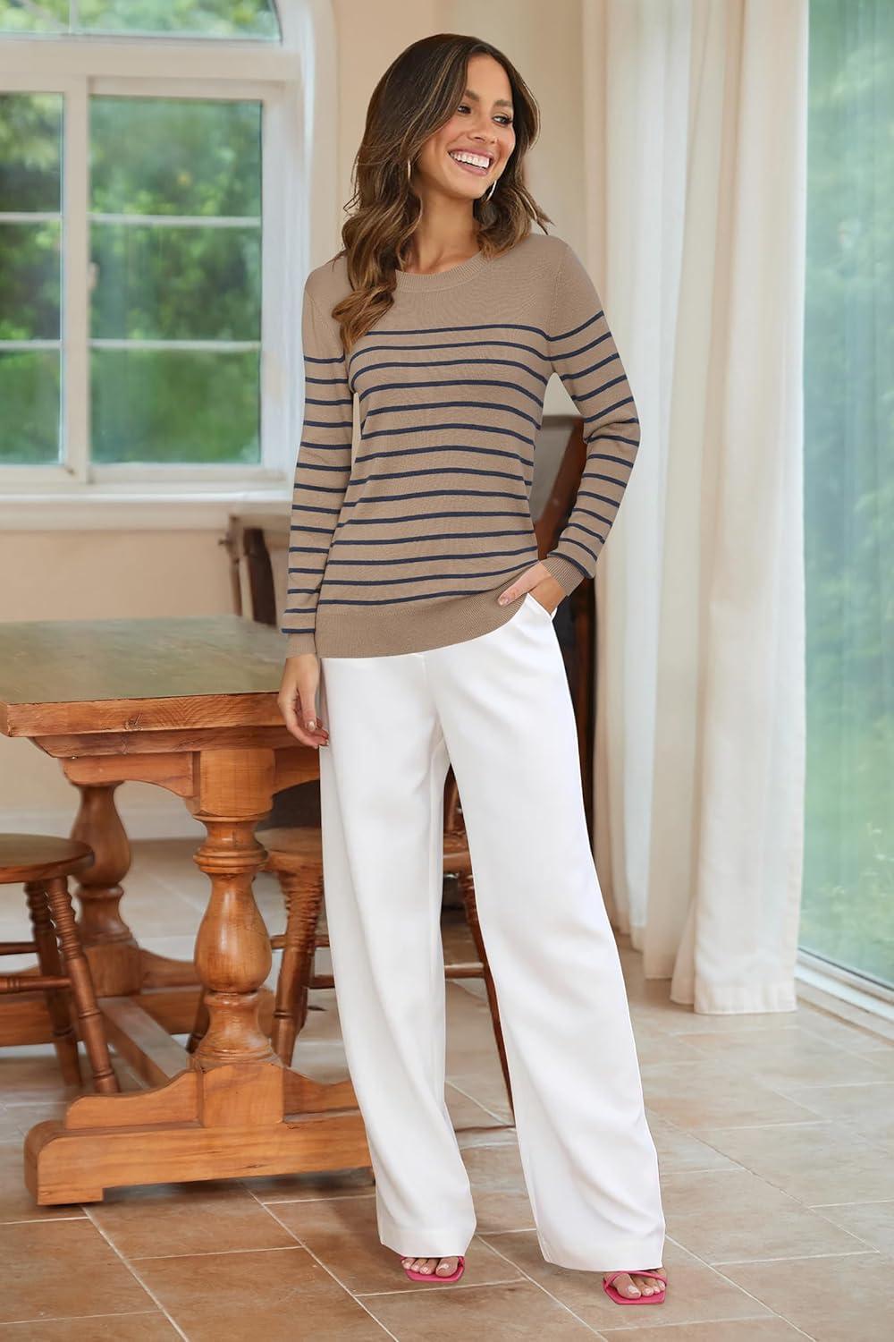 imageArachampampCloz Womens Wool Blend Classic Crew Neck Casual Fall SweatersKhakinavy