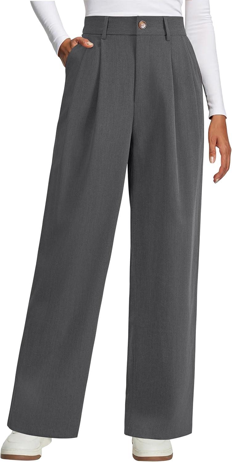 imageArachampampCloz Womens Wool Blend Elastic Waist Straight Leg Business Casual Pants 2025Dark Grey