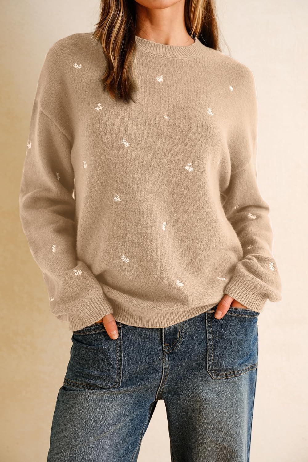 imageArachampampCloz Womens Wool Blend Embroidery Floral Oversized Fit Sweater Trendy 2025Apricot