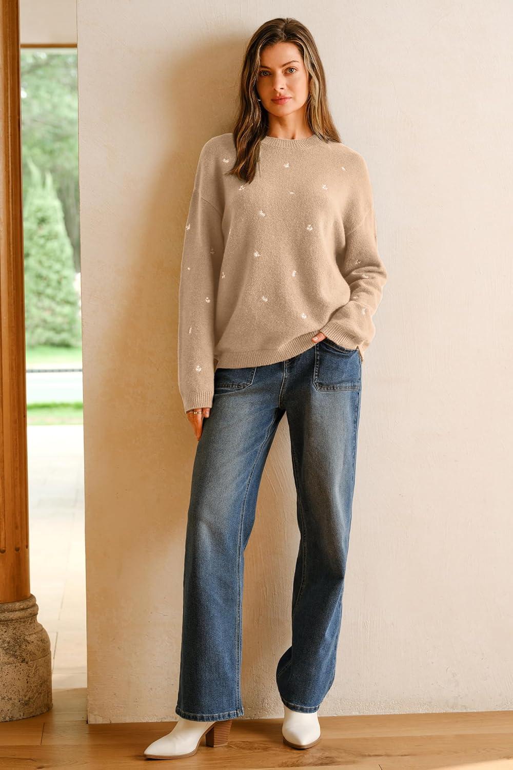 imageArachampampCloz Womens Wool Blend Embroidery Floral Oversized Fit Sweater Trendy 2025Apricot